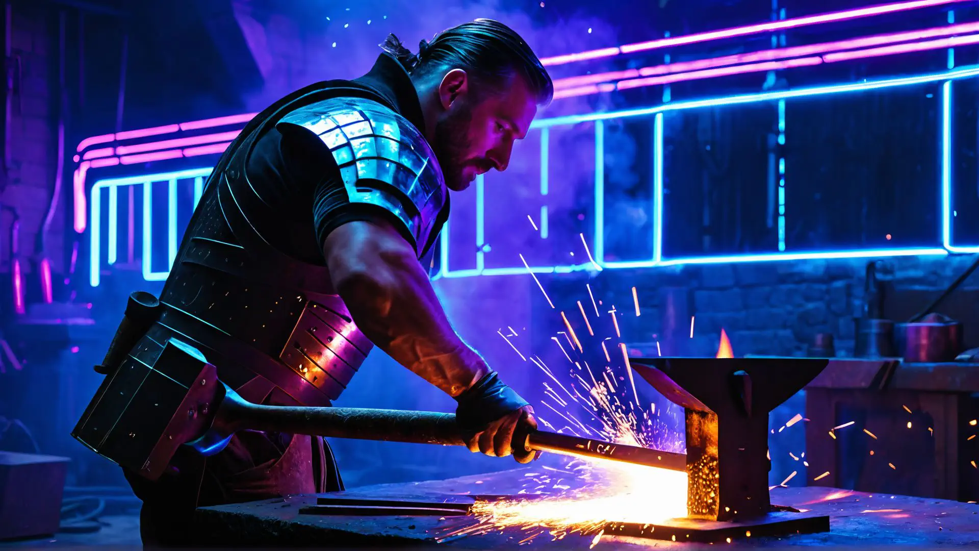 Smid aan het werk in neon verlichte werkplaats met vliegend vonkenspel