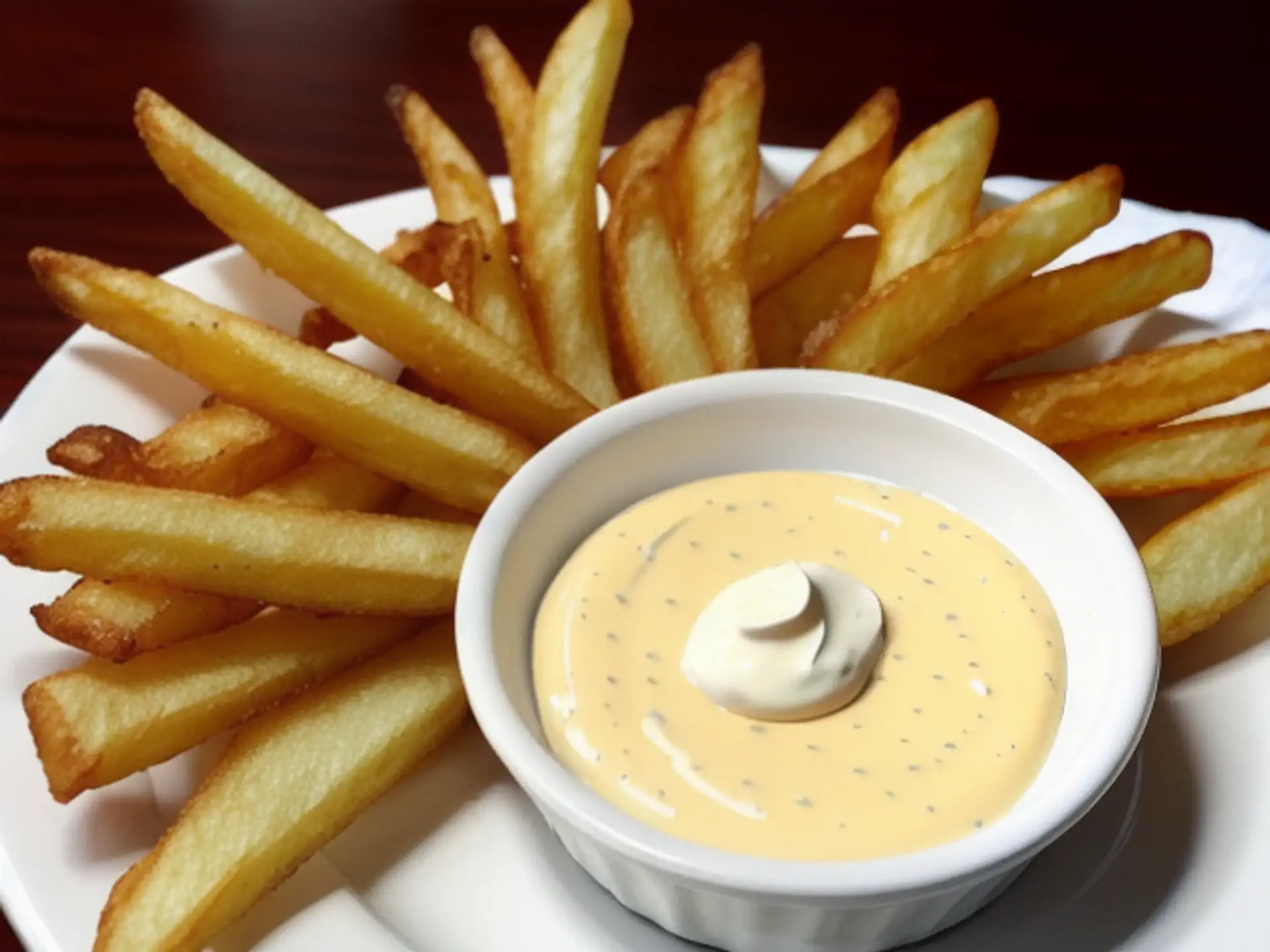 Knapperige friet met romige frietsaus in witte schaaltjes close-up