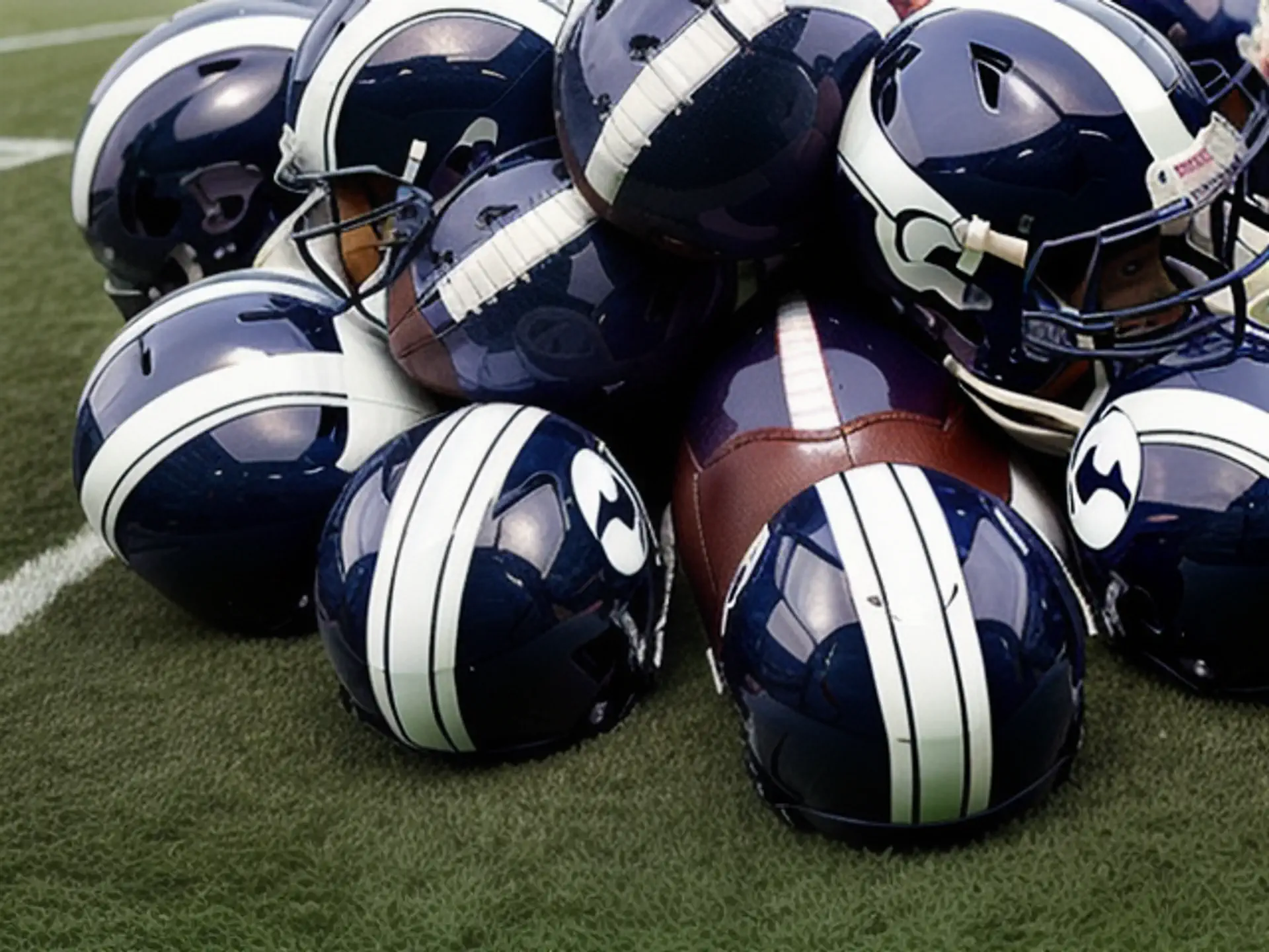 Amerikaanse football helmen en ballen op sportveld close-up foto