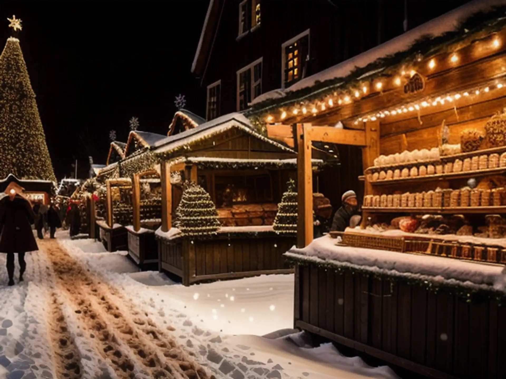 Sfeervol verlichte kerstmarkt in de sneeuw met traditionele kraampjes