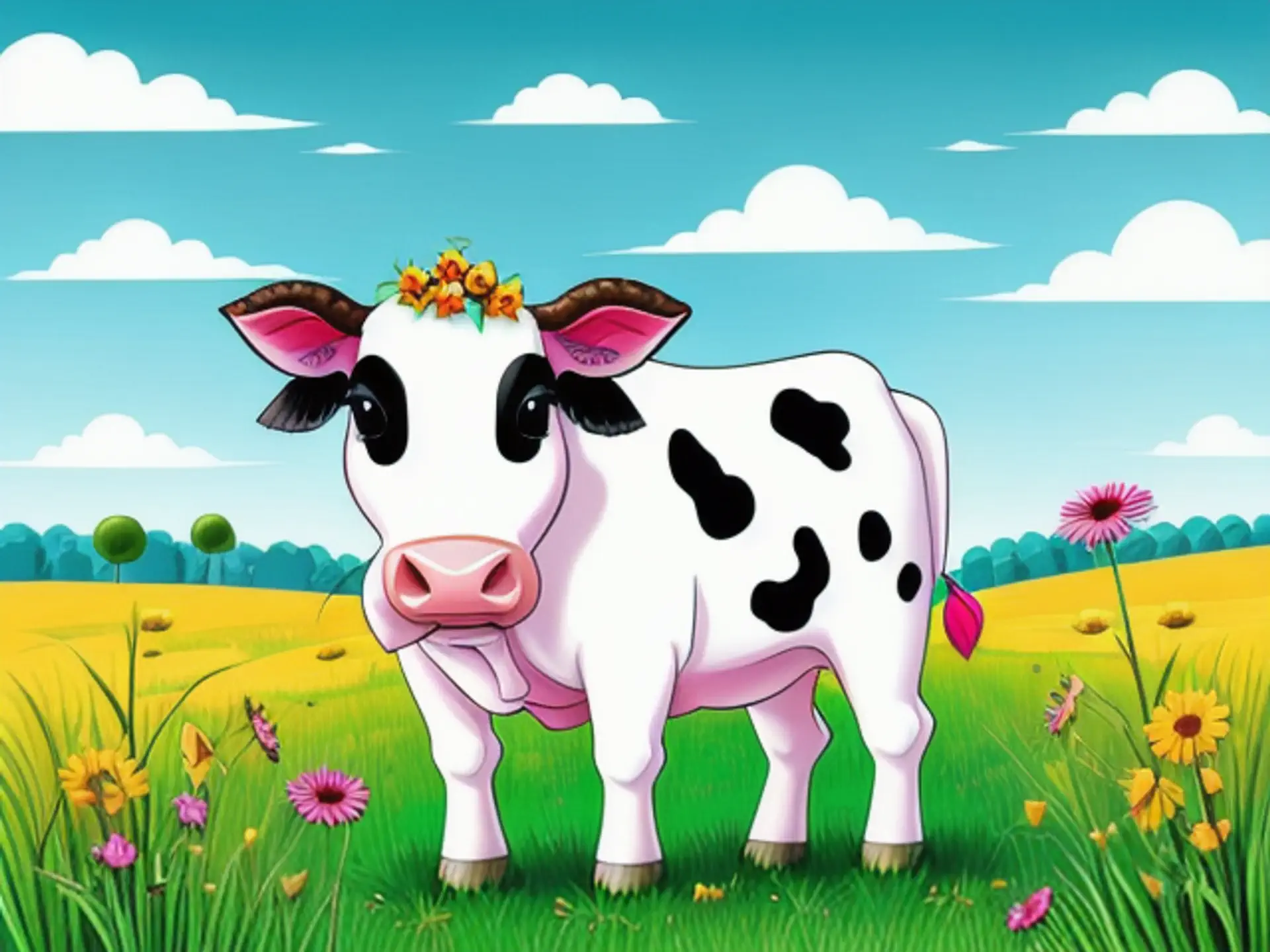 Vrolijke cartoon koe met bloemen in weide - kinderboek illustratie