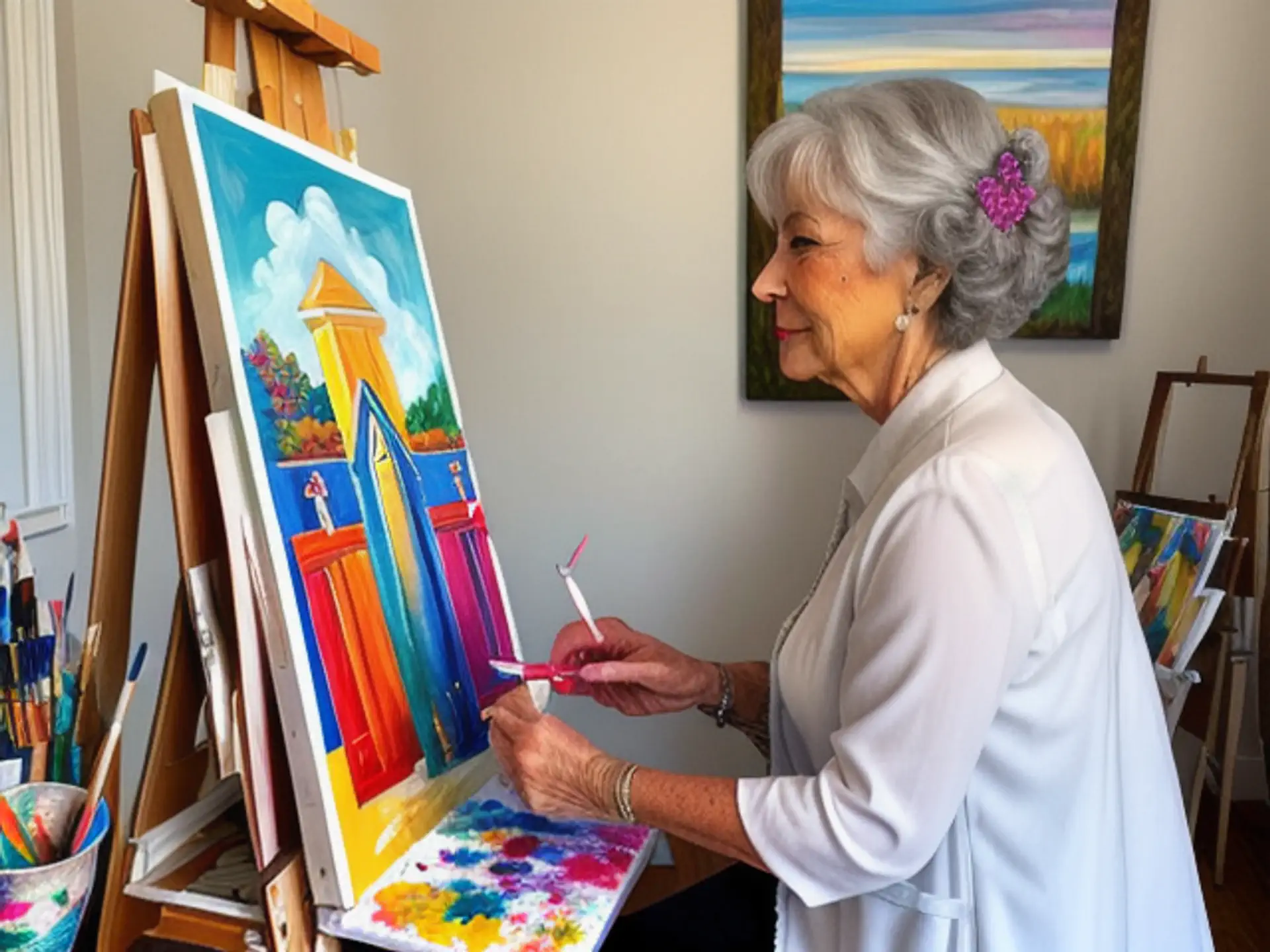 Creatieve schildersessie met kleurrijk kunstwerk op ezel