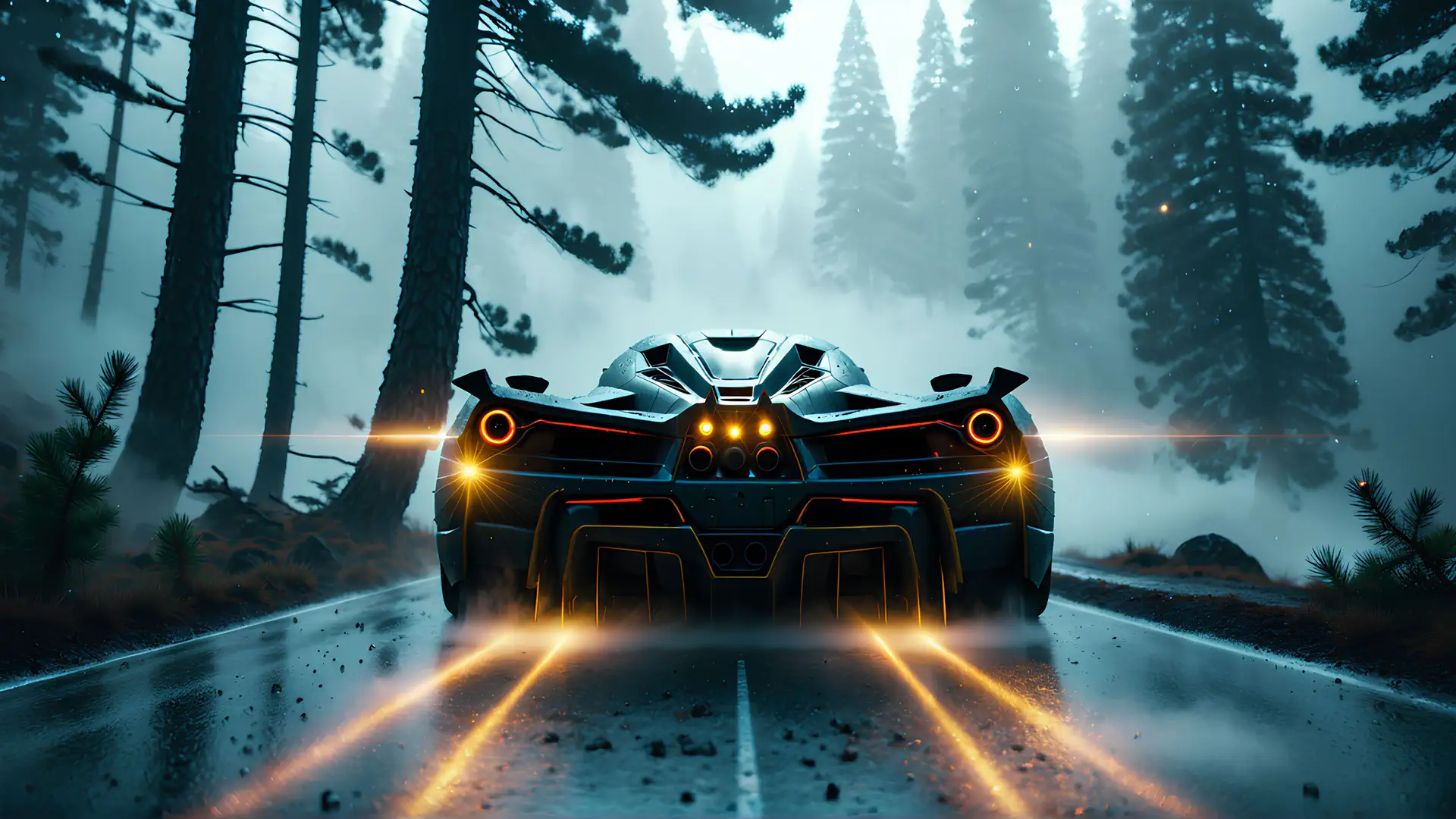Hypercar in Mistige Dennenbos met Gloeiende Achterlichten