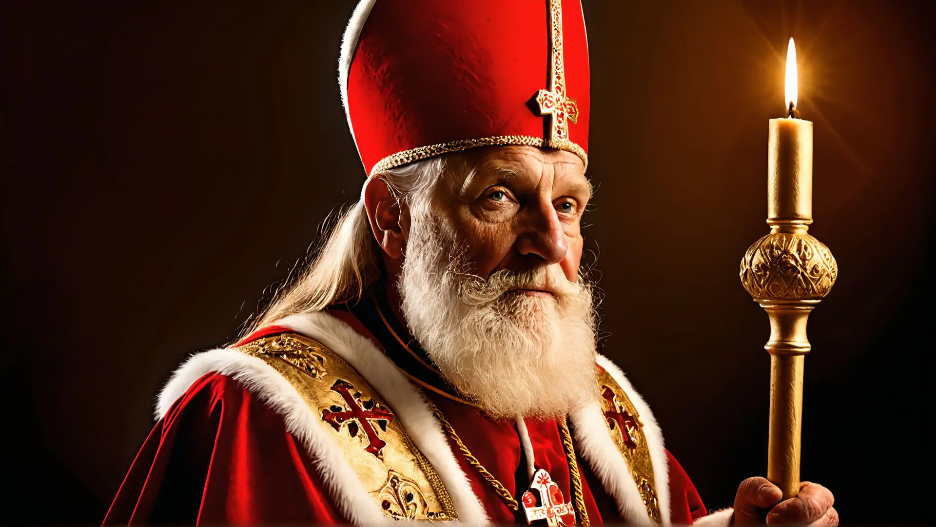 Traditioneel portret Sinterklaas met mijter en staf in sfeervol licht