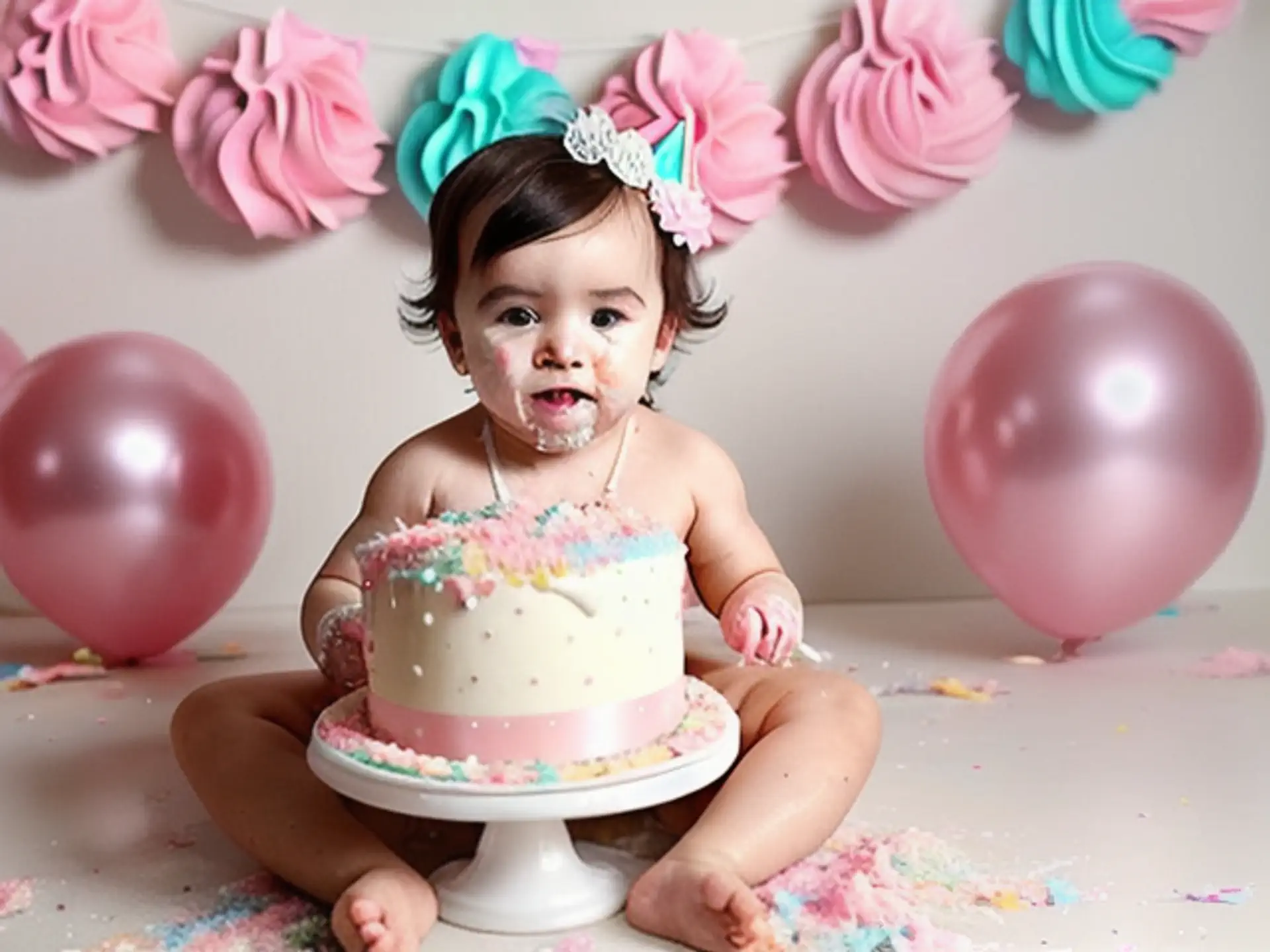 Cake smash fotoshoot met roze en mintgroene verjaardagsdecoratie