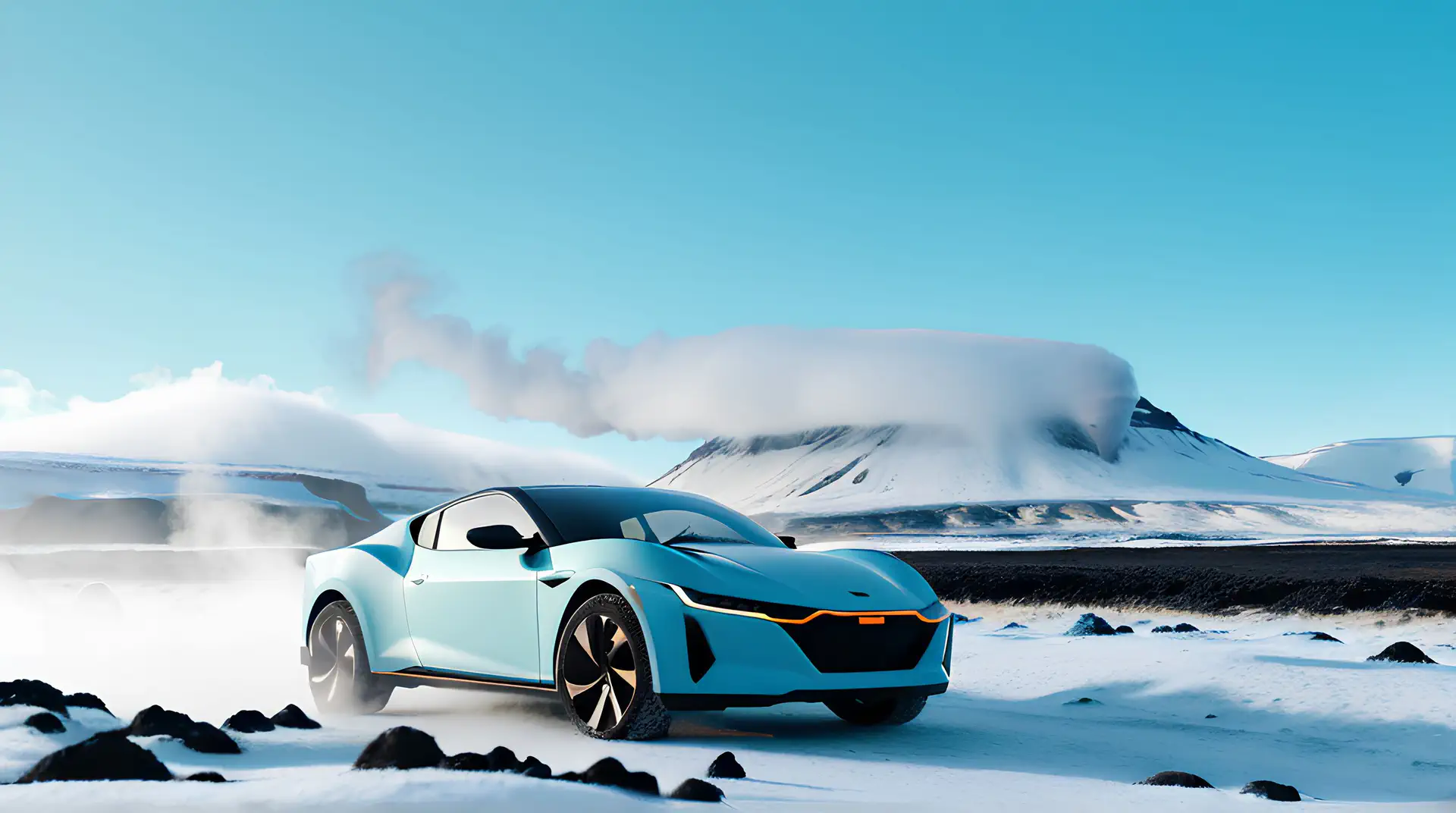 Turquoise Sportwagen op IJslandse Vulkanische Vlakte 4K Wallpaper