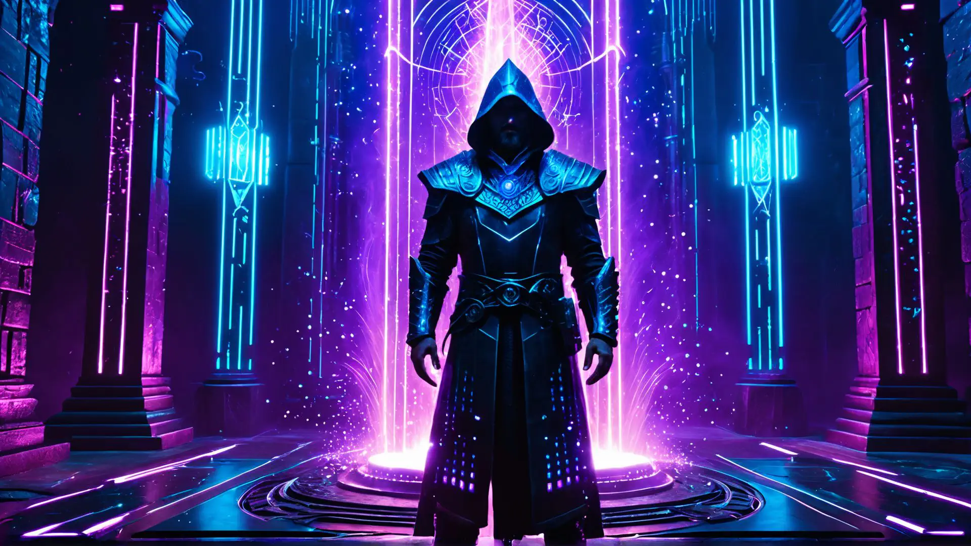 Mysterieuze krijger in neon verlichte fantasy tempel met magische