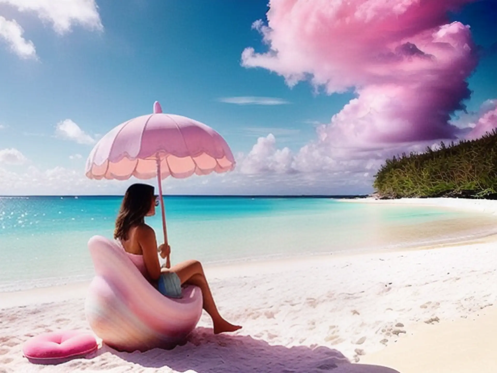 Tropisch strand met roze parasol en turquoise zee onder zomerse hemel