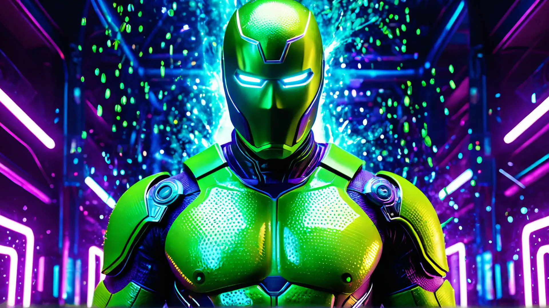 Futuristische robot in neon groen met paarse cyberpunk achtergrond