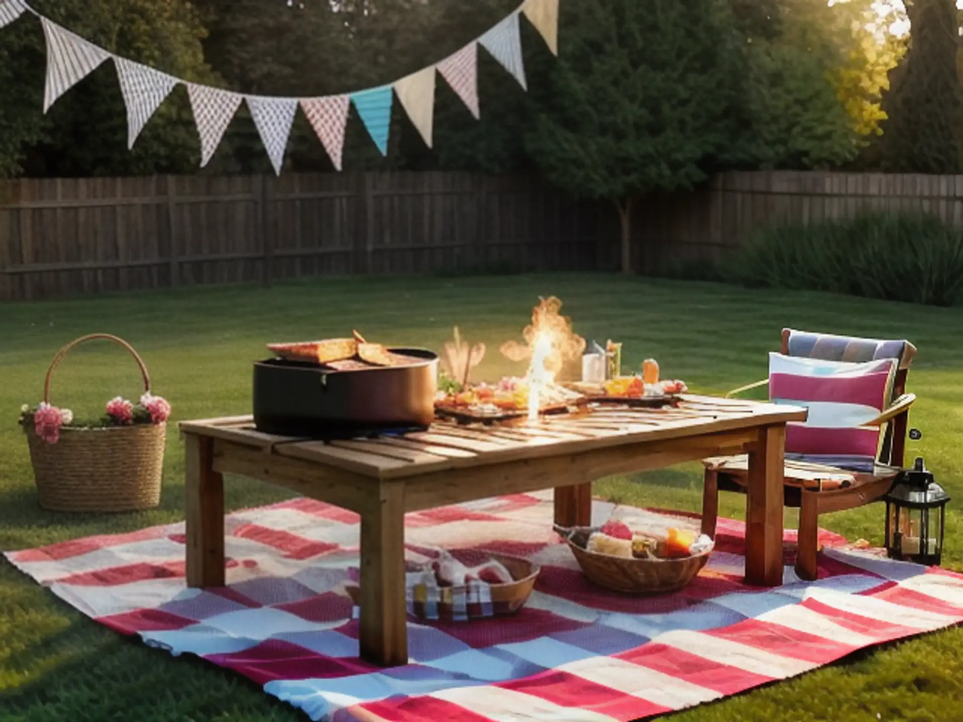 Gezellige tuinpicknick met vuurschaal en feestelijke vlaggenlijn
