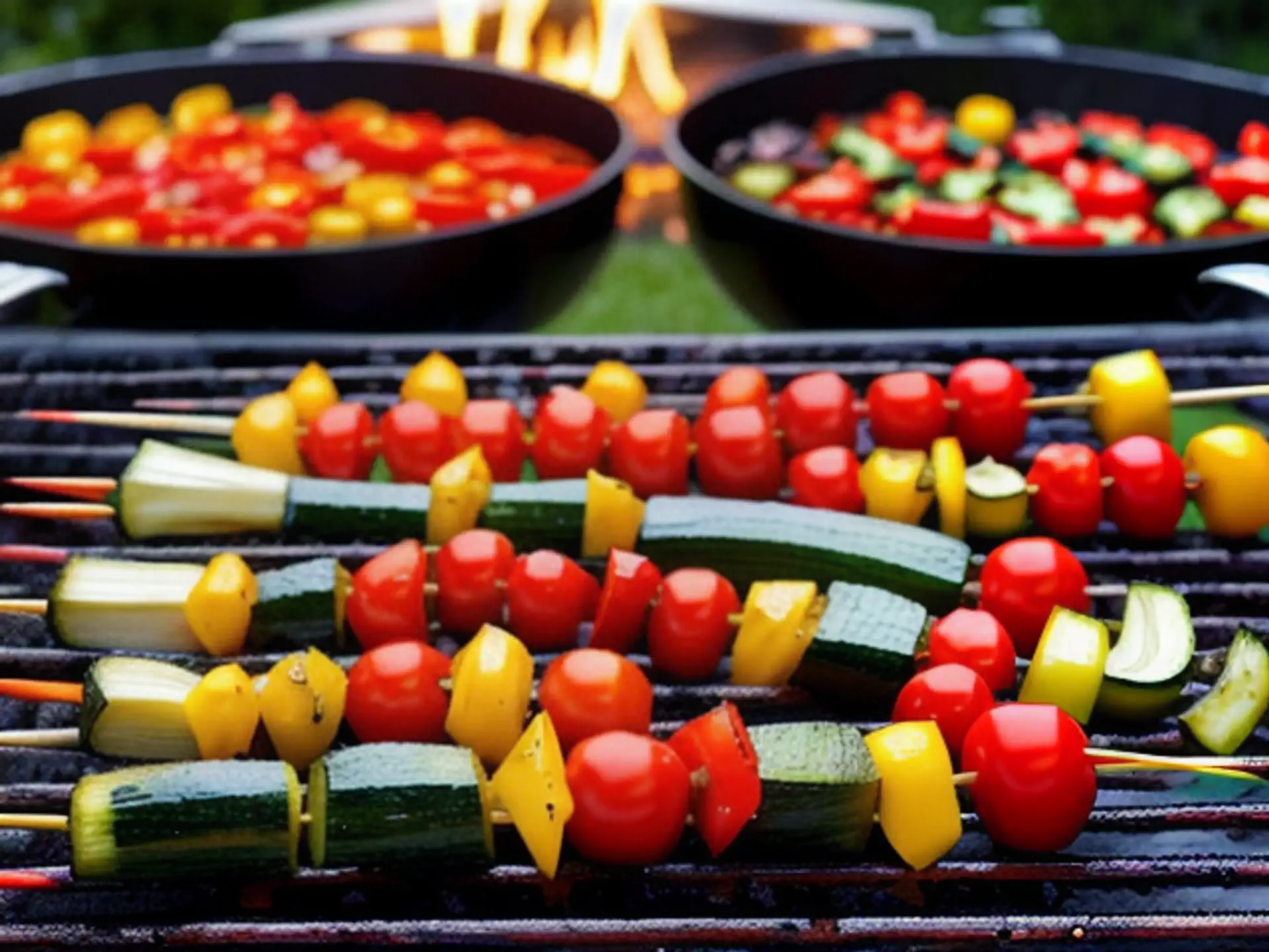 Kleurrijke groentespiesjes op barbecue met gegrilde groenten in pannen