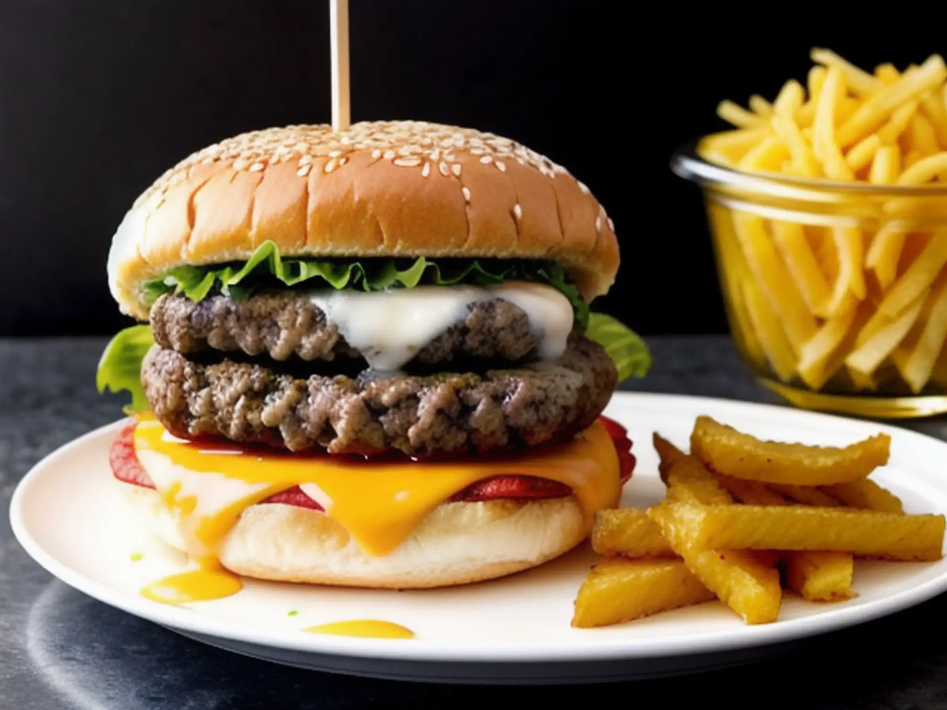 Sappige dubbele cheeseburger met verse friet op wit bord geserveerd