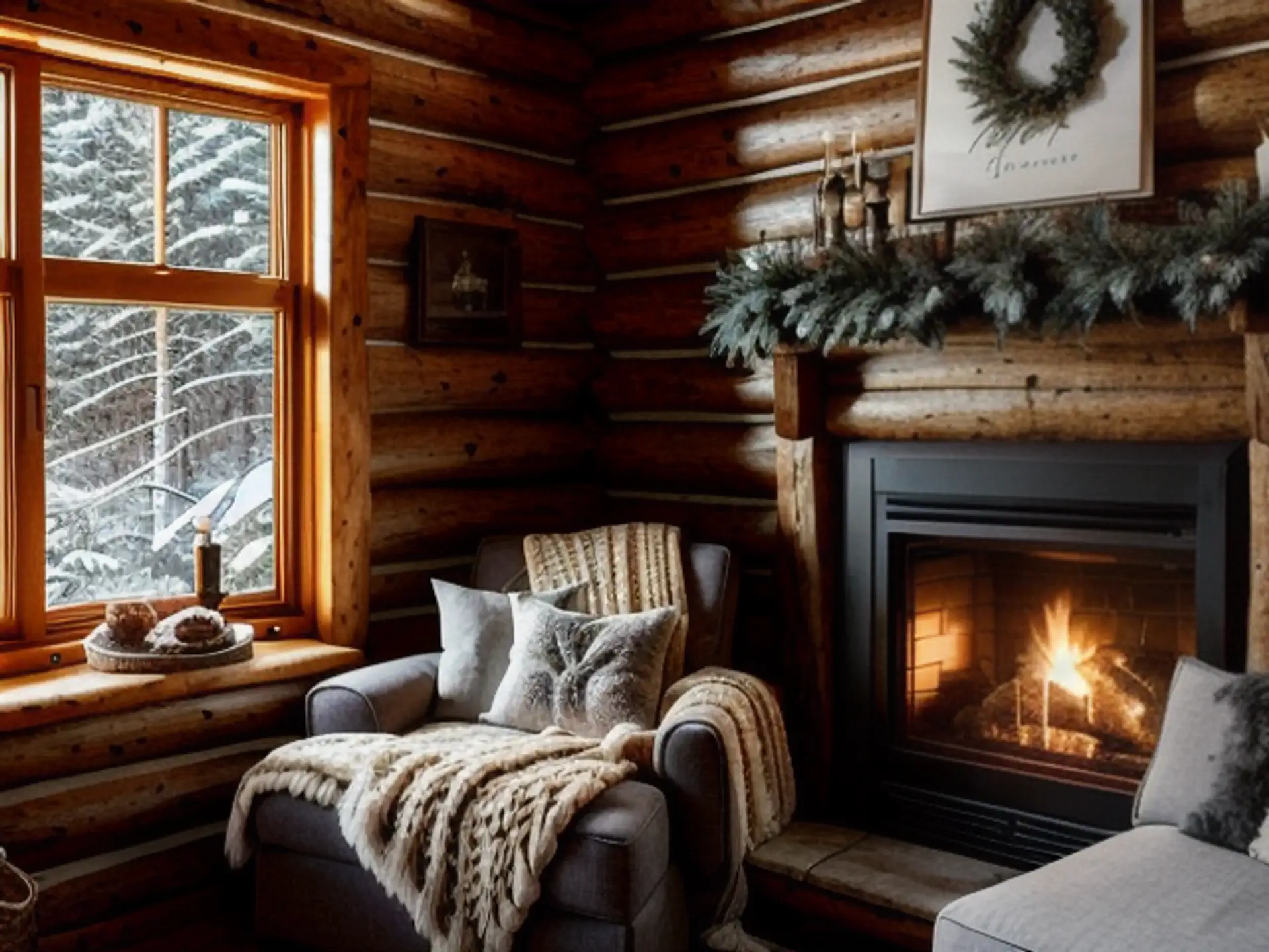 Knusse blokhut interieur met open haard en winterse bosrijke omgeving