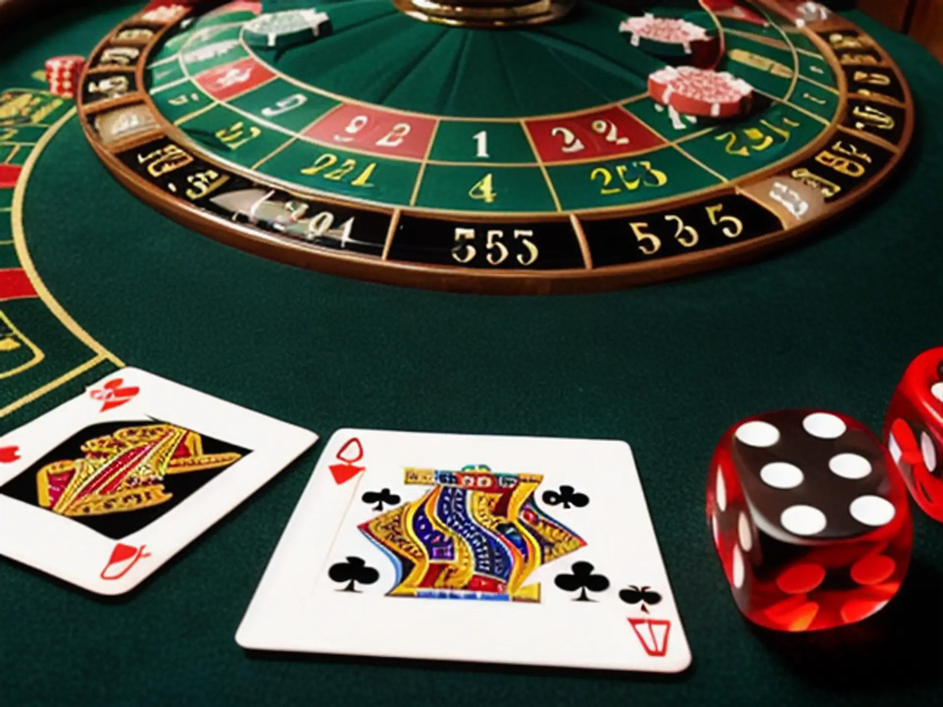 Klassieke casino tafel met roulette, speelkaarten en dobbelstenen