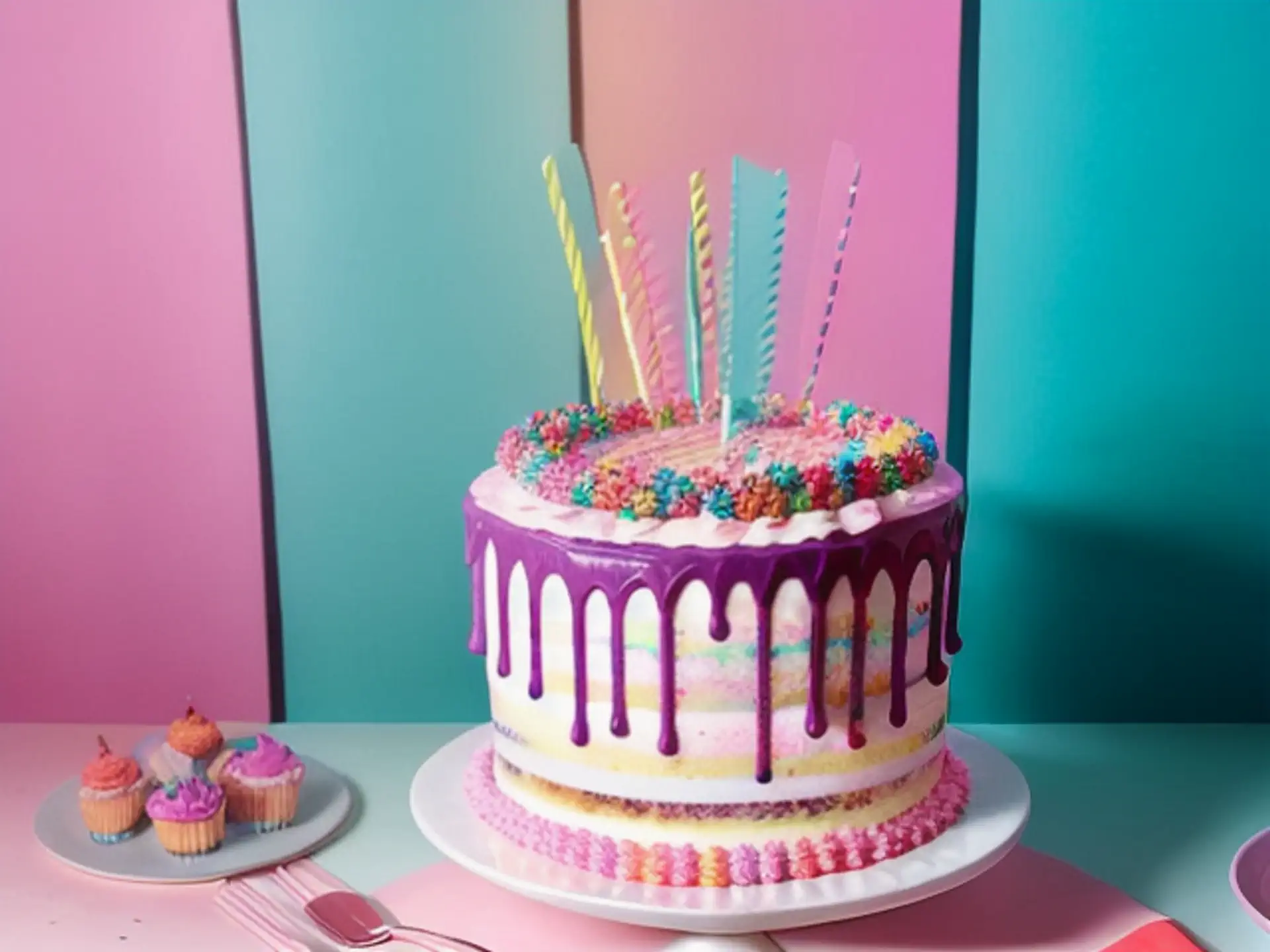 Kleurrijke drip cake met paarse glazuur
