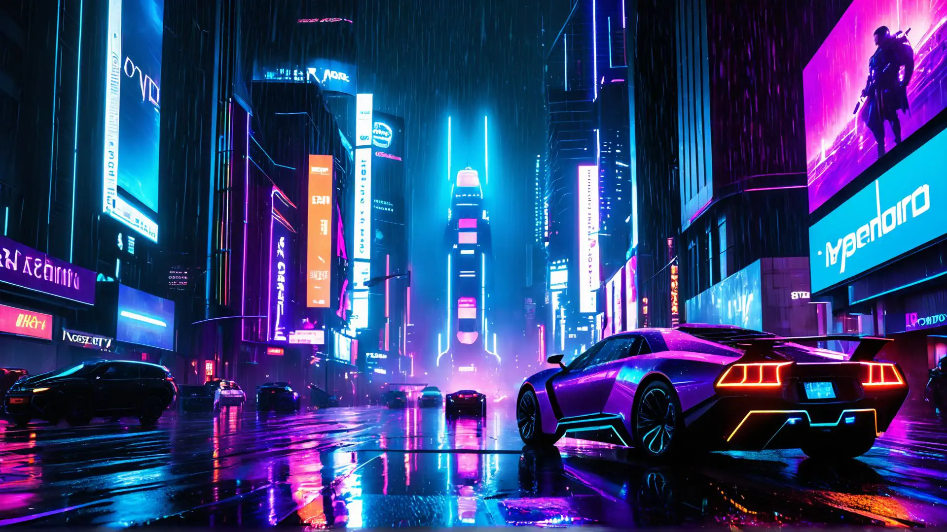 Futuristische nachtstad met neonverlichting en sportauto