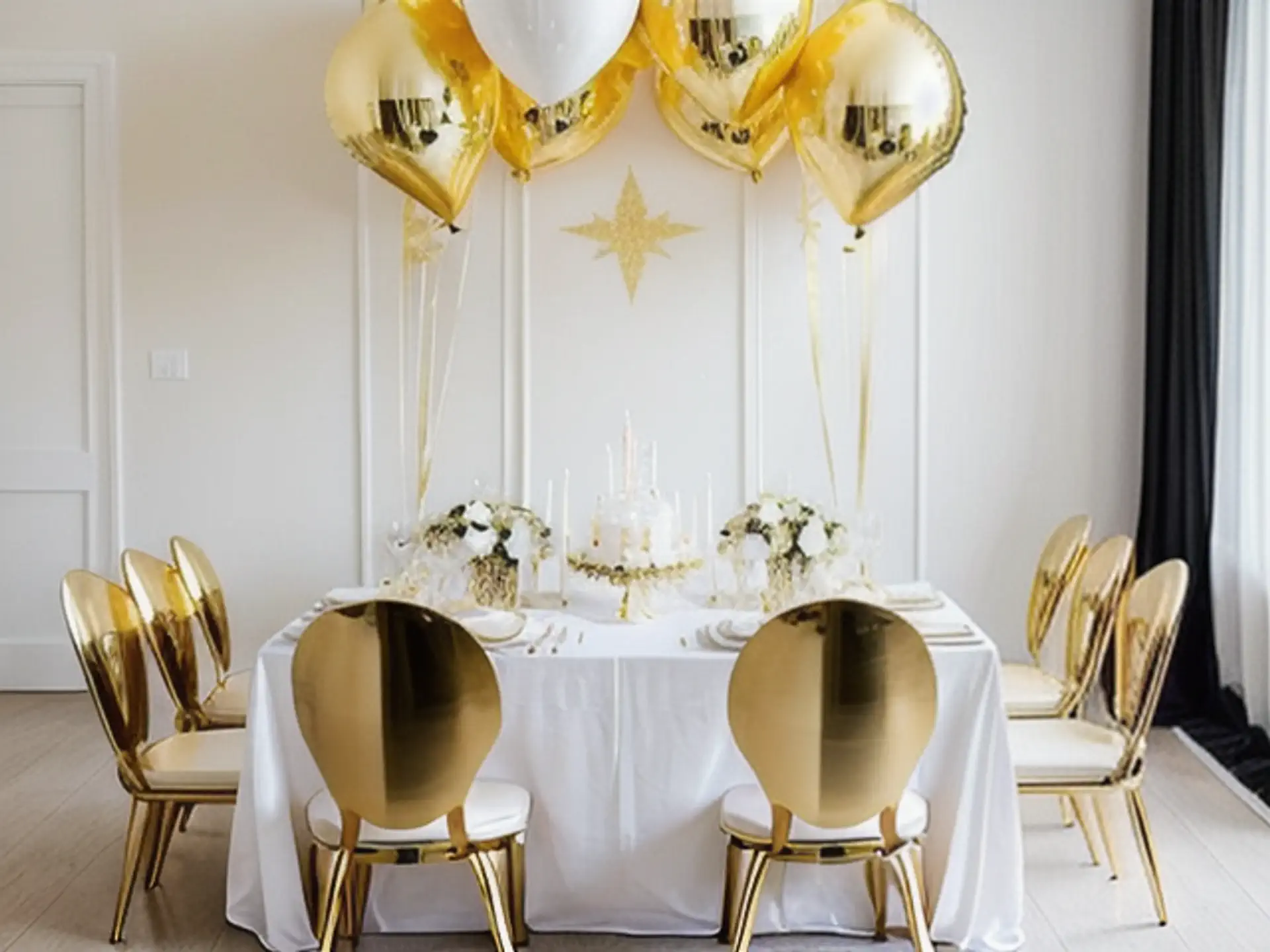 Luxe feesttafel decoratie met gouden stoelen en heliumballonnen