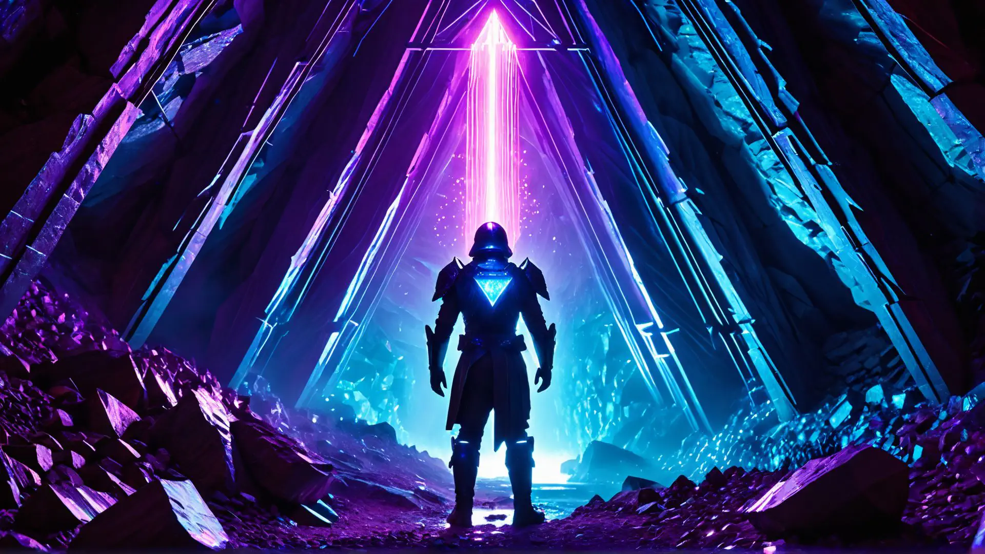 Futuristische krijger in neon kristalgrot met paarse lichtstraal