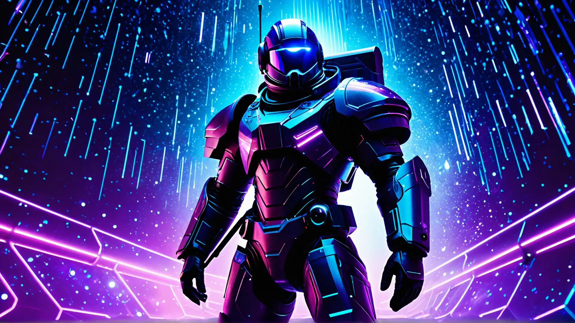 Futuristische gevechtsrobot in neon cyberpunk universum