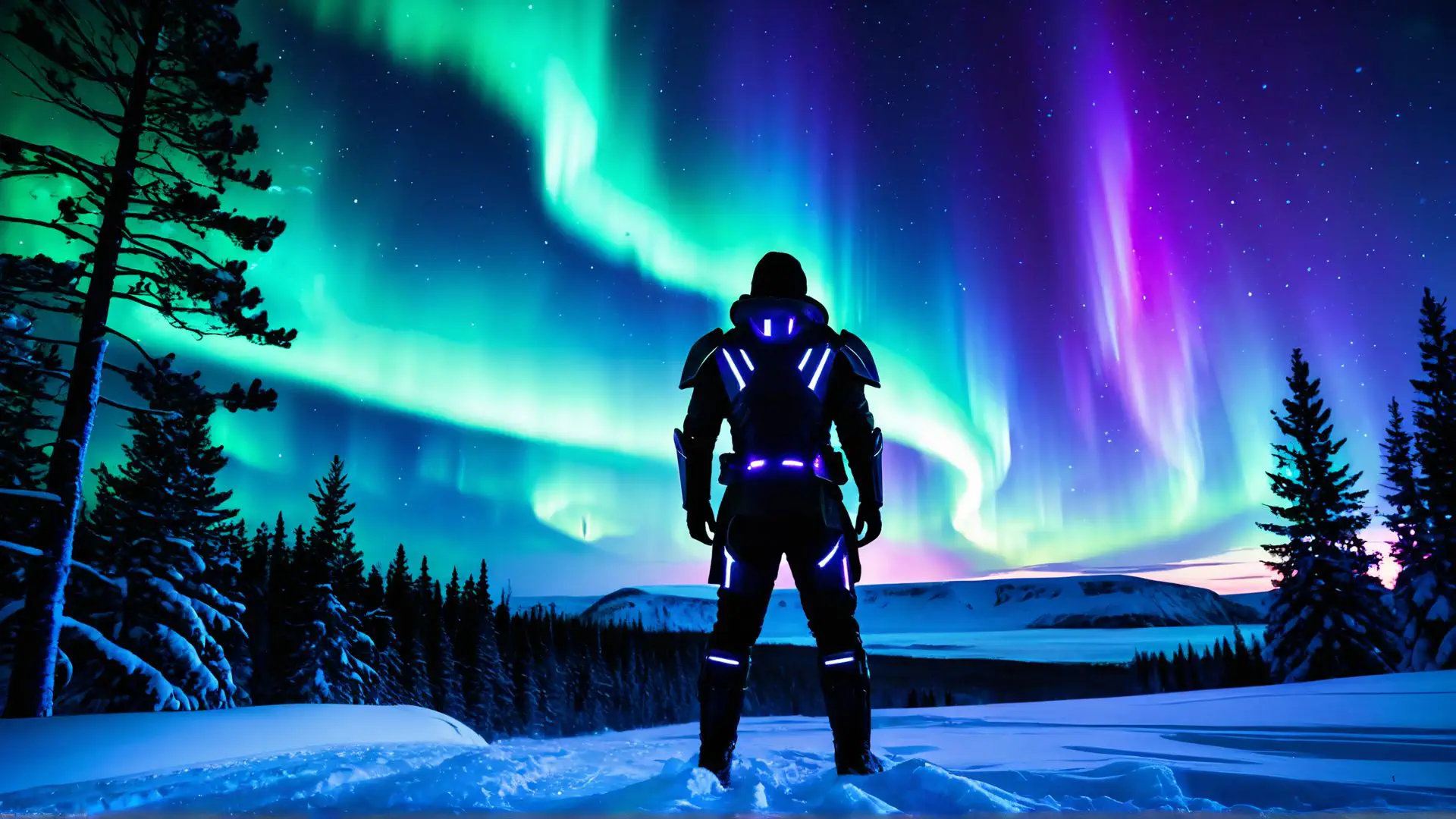 Futuristisch kostuum onder spectaculair noorderlicht in winters