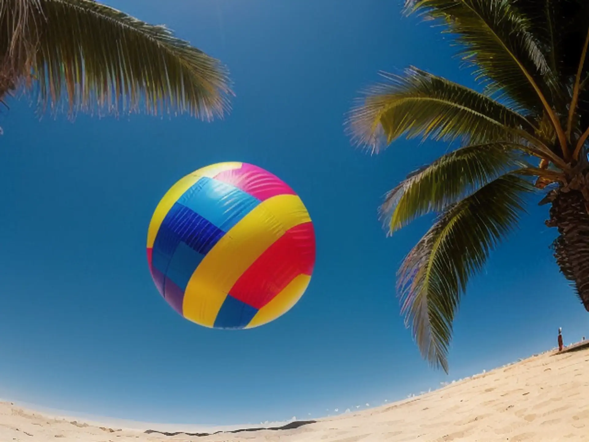 Kleurrijke strandbal zweeft tussen palmbomen op tropisch zandstrand