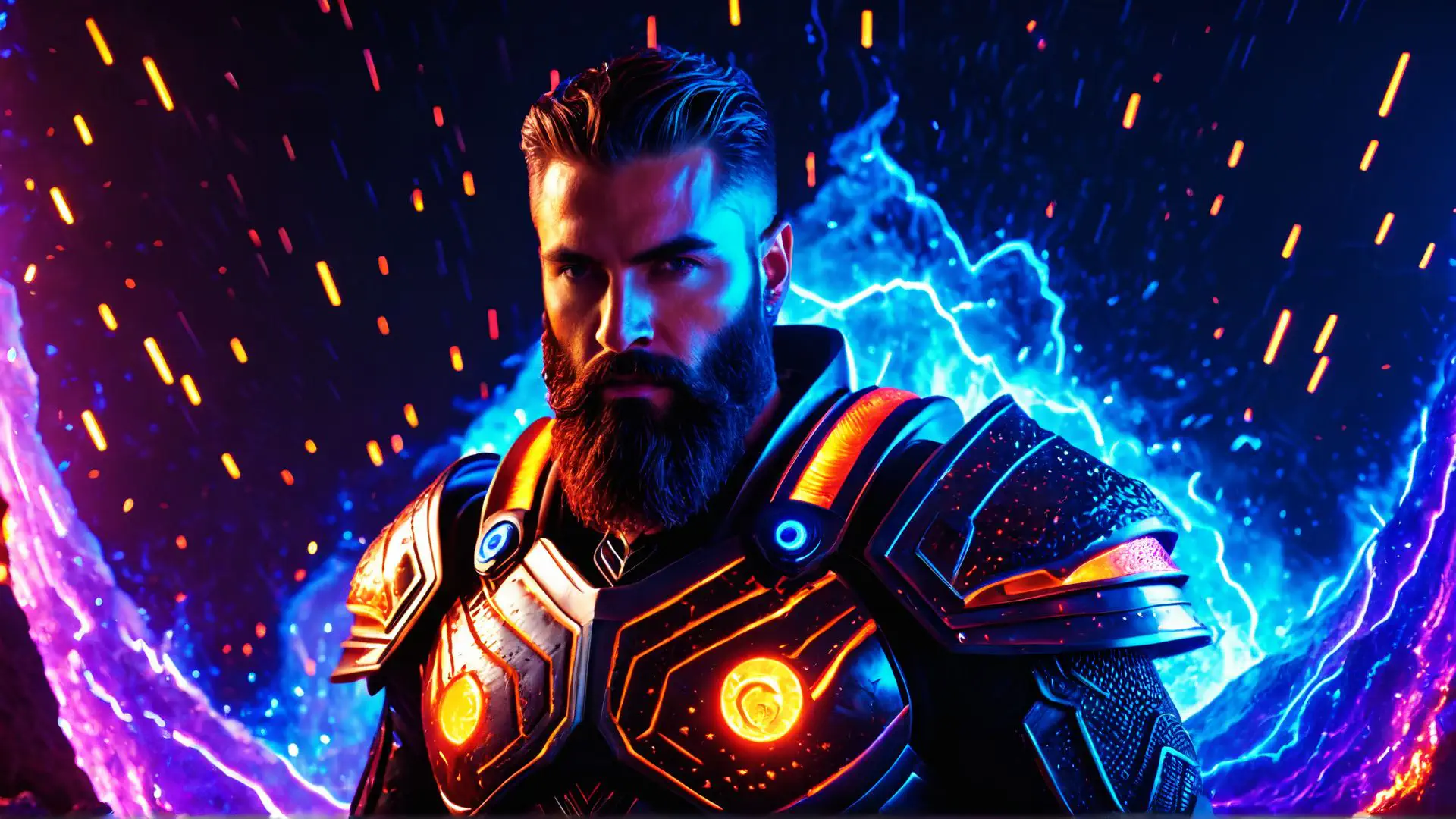 Futuristische krijger in neon harnas met bliksem effecten
