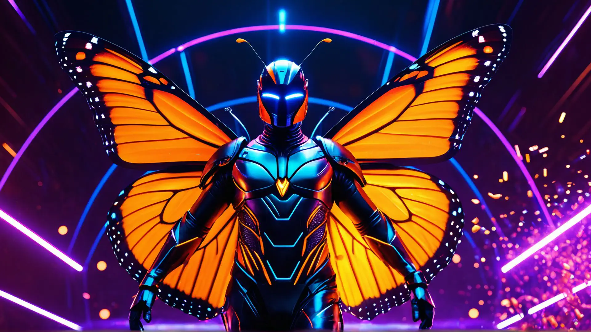Futuristische vlinder-robot in neon cyberpunk kunstwerk