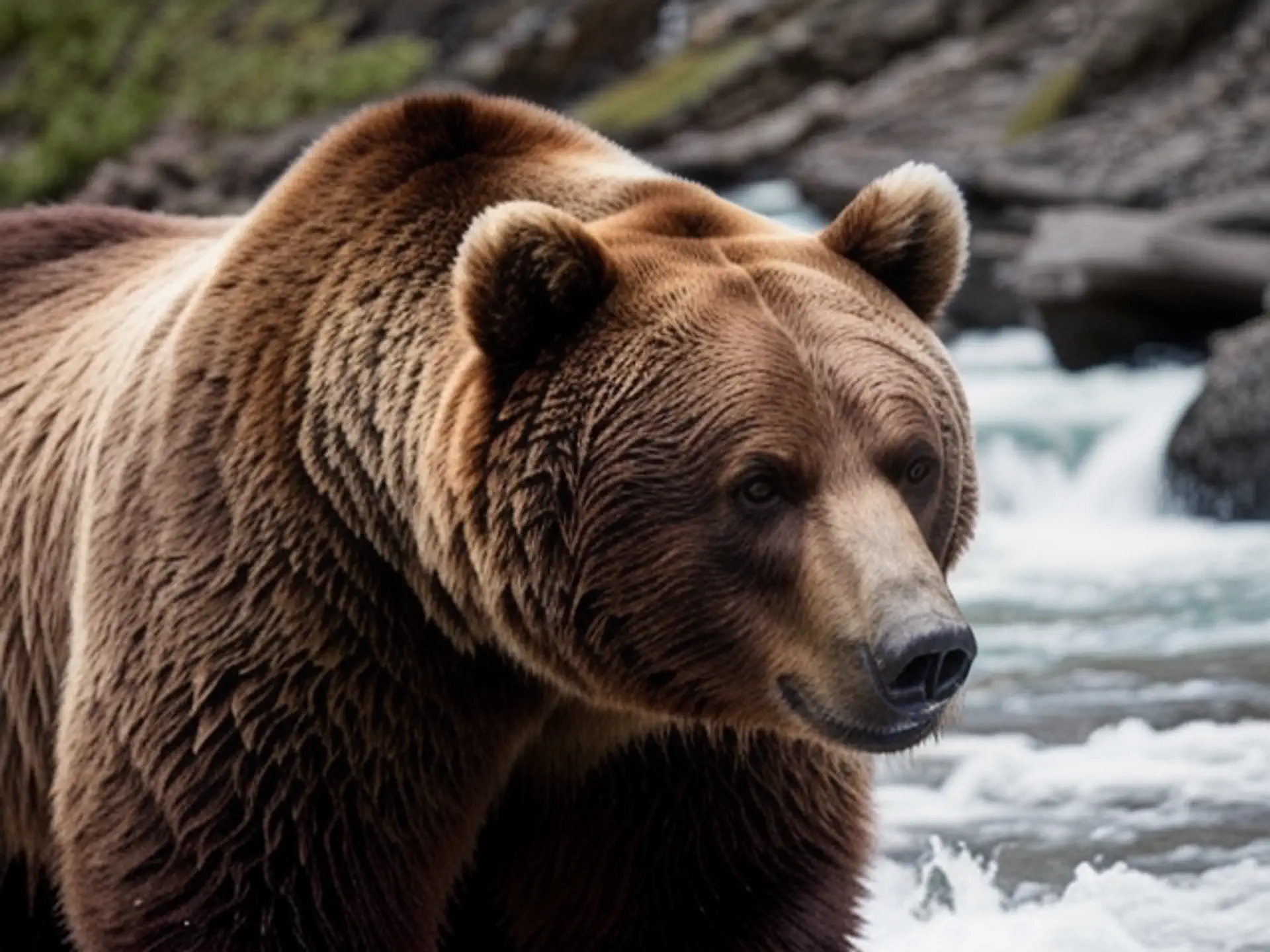 Majestueuze grizzlybeer bij wilde bergrivier in natuurlijke habitat