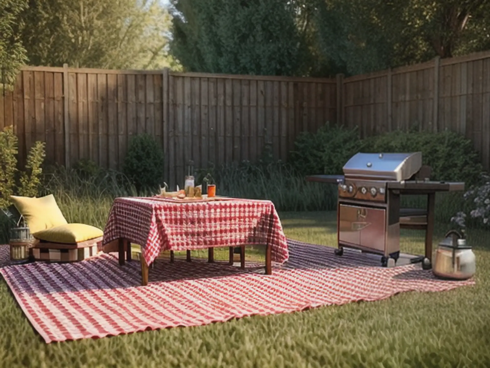 Gezellige BBQ-setting met rood-wit kleed en luxe gasbarbecue in tuin