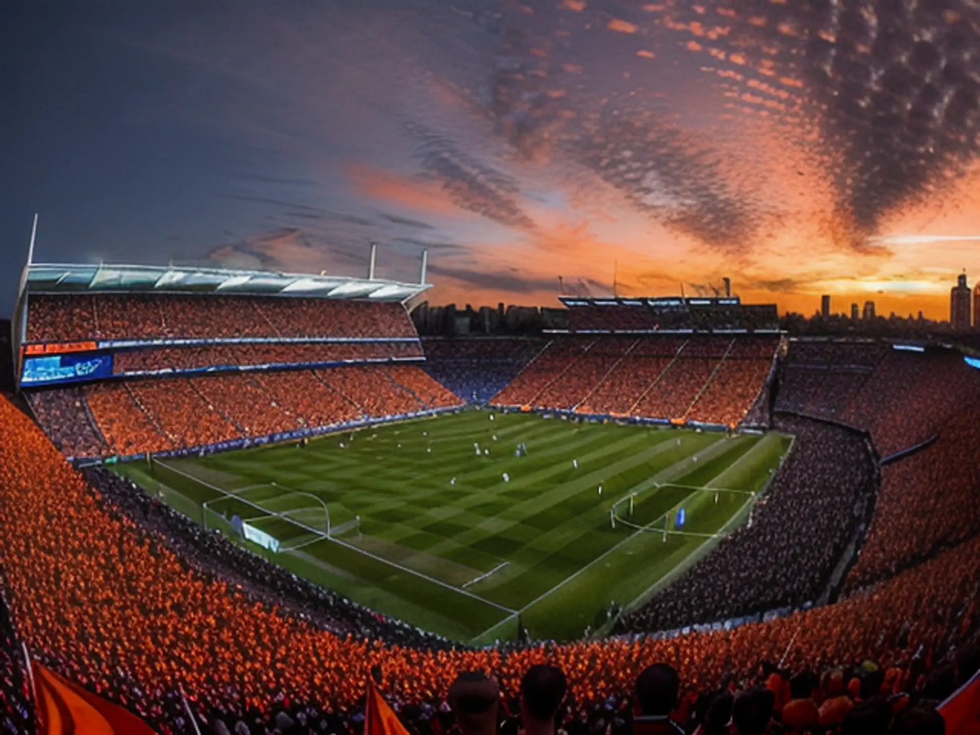 Indrukwekkend voetbalstadion bij zonsondergang met oranje supporters
