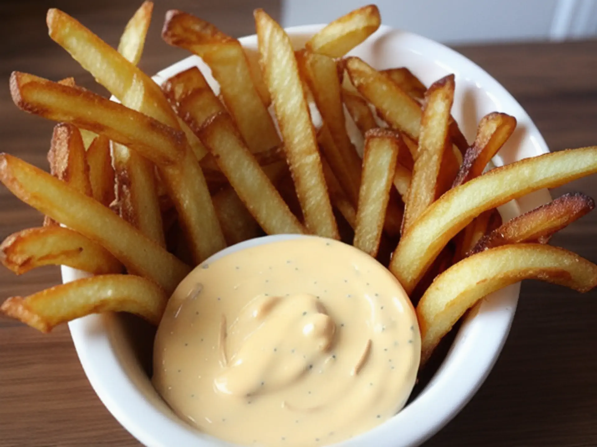 Knapperige friet met romige mayonaise in wit schaaltje op houten tafel