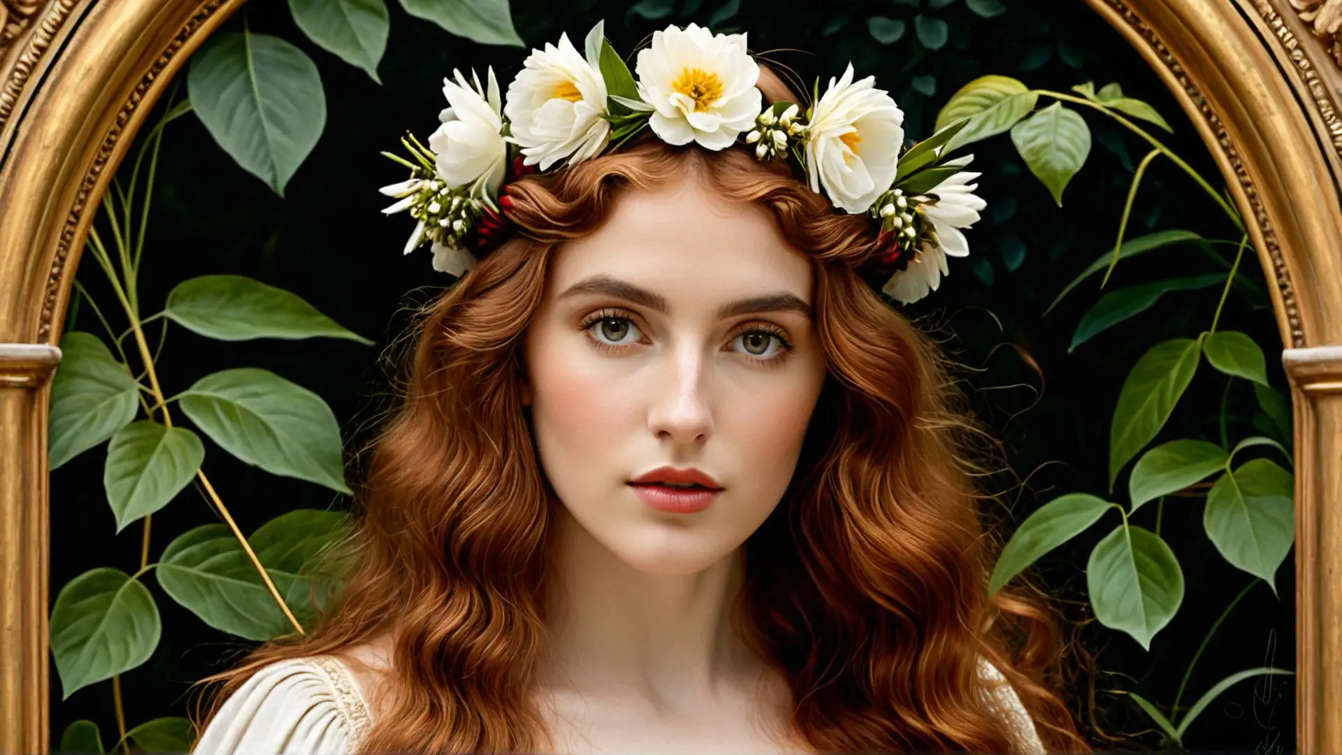Romantische bloemenkrans met witte pioenrozen in gouden lijst