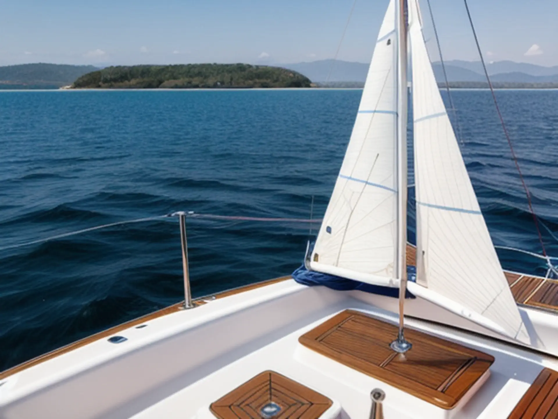 Luxe zeilboot met teakhouten dek voor kust tropisch eiland