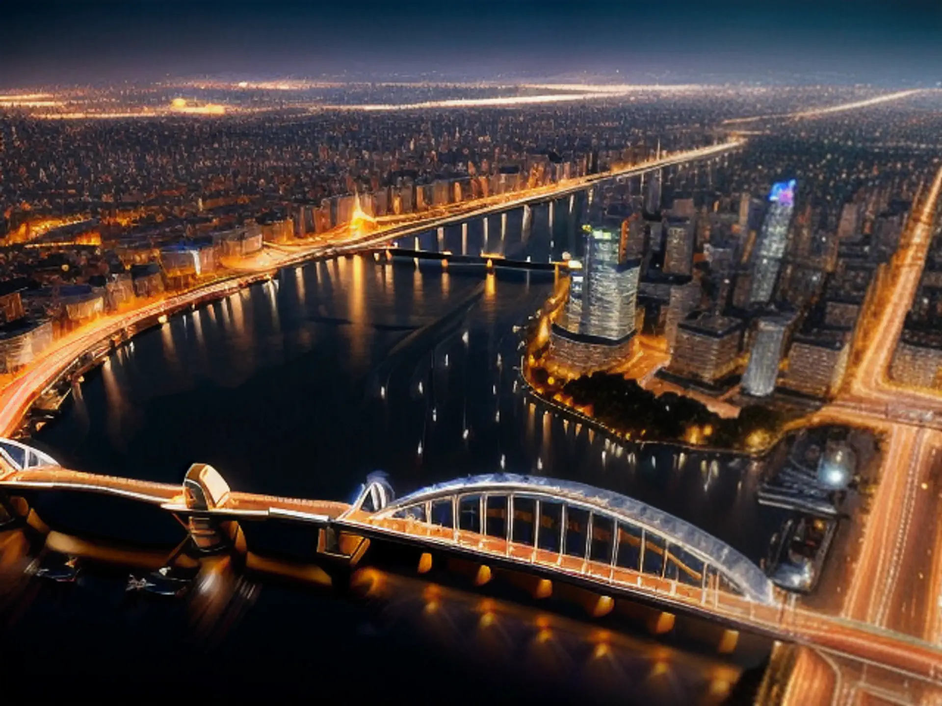 Spectaculaire nachtfoto metropool met verlichte bruggen en