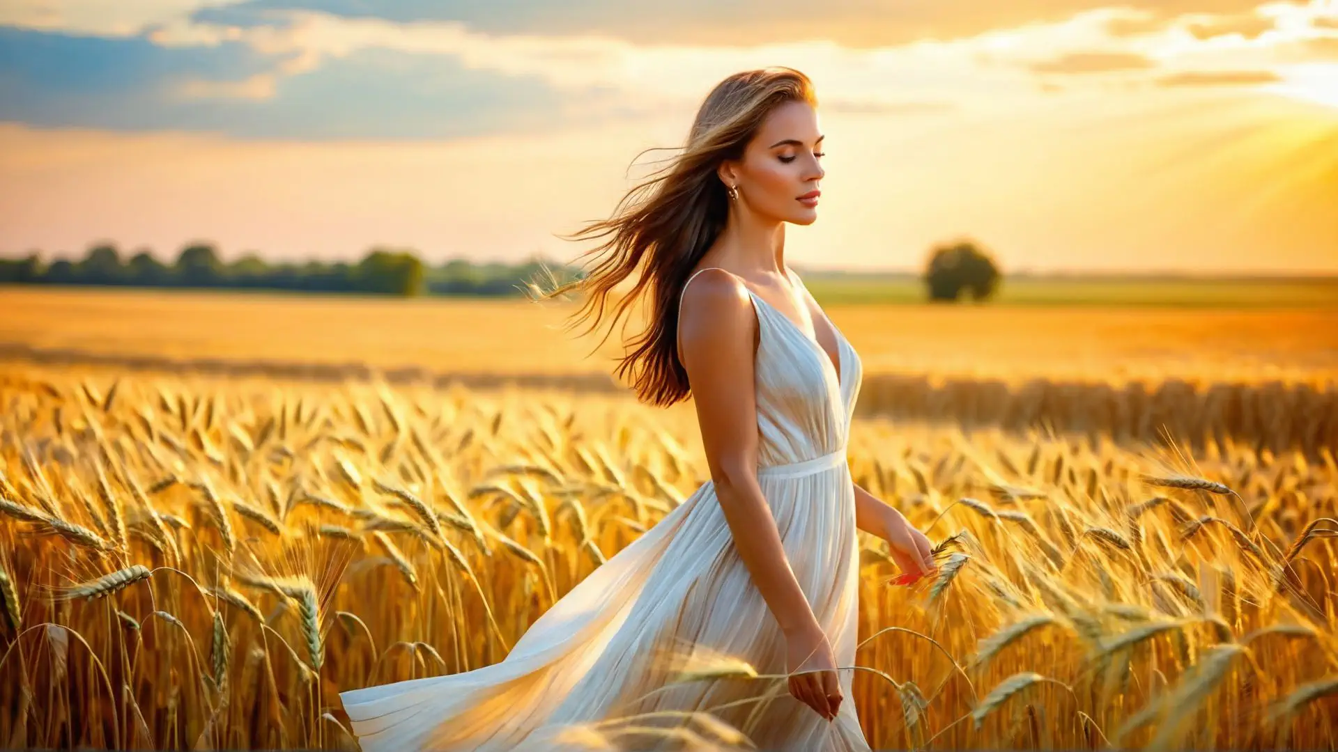 Sfeervol zomerportret in goudgeel graanveld tijdens zonsondergang