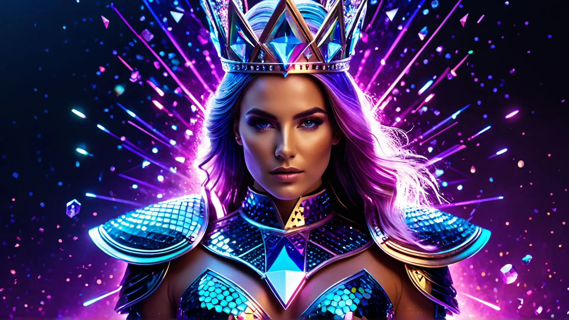 Futuristische fantasy koningin in neon met kristallen kroon