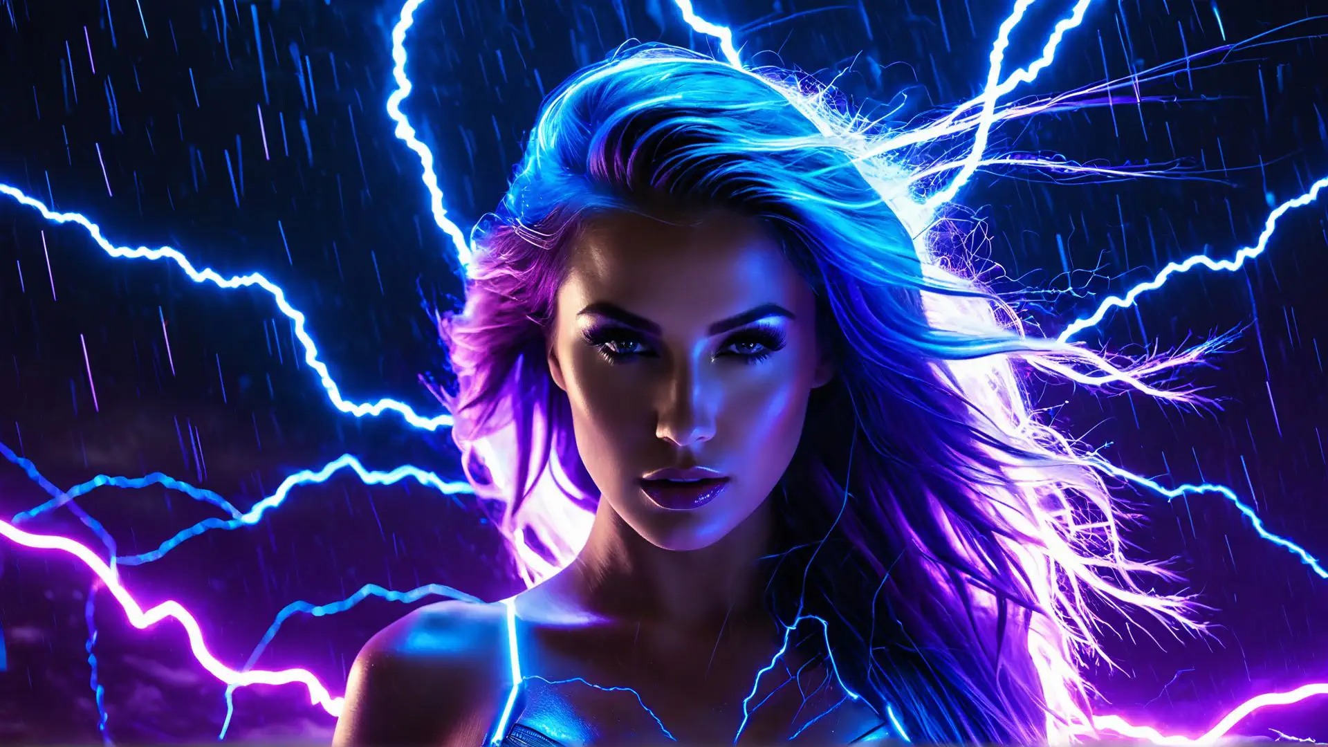 Mysterieuze neon portretfoto met bliksem en paars-blauwe effecten