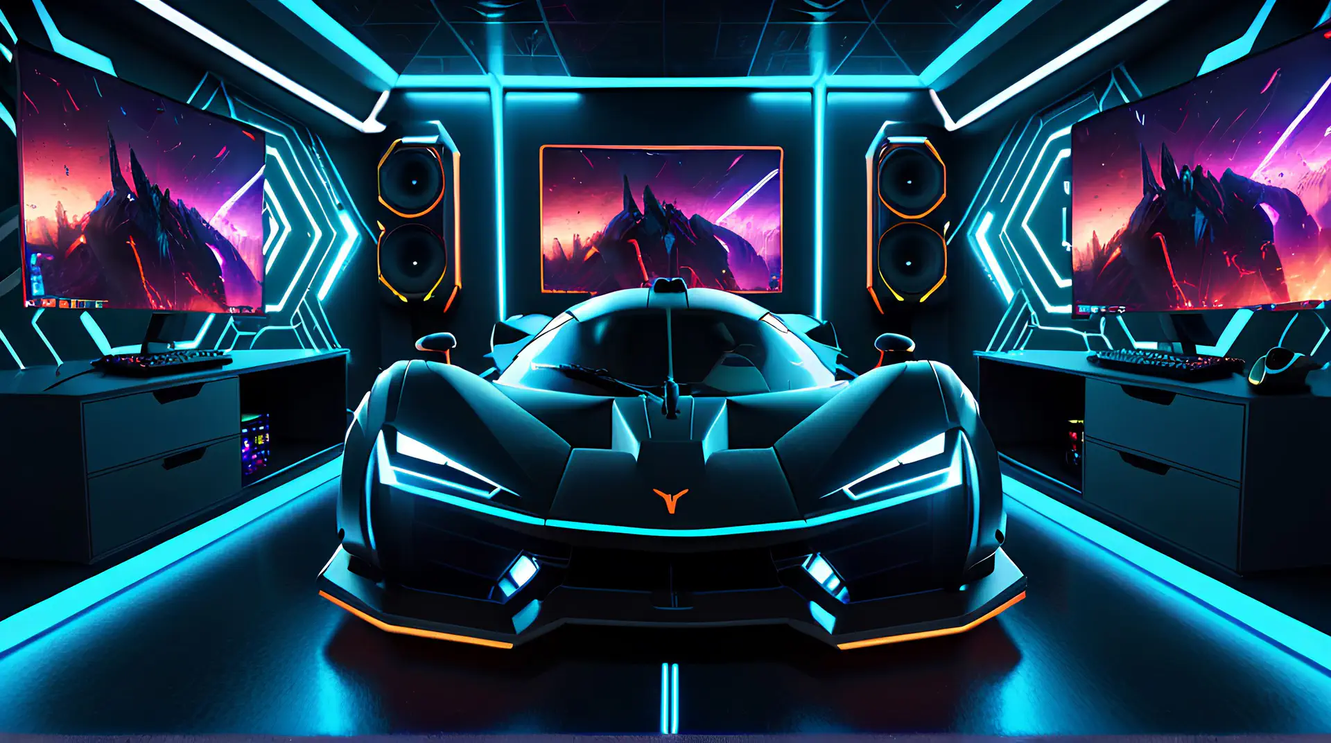 Zwarte Hypercar in Futuristische Gaming Kamer 4K Wallpaper