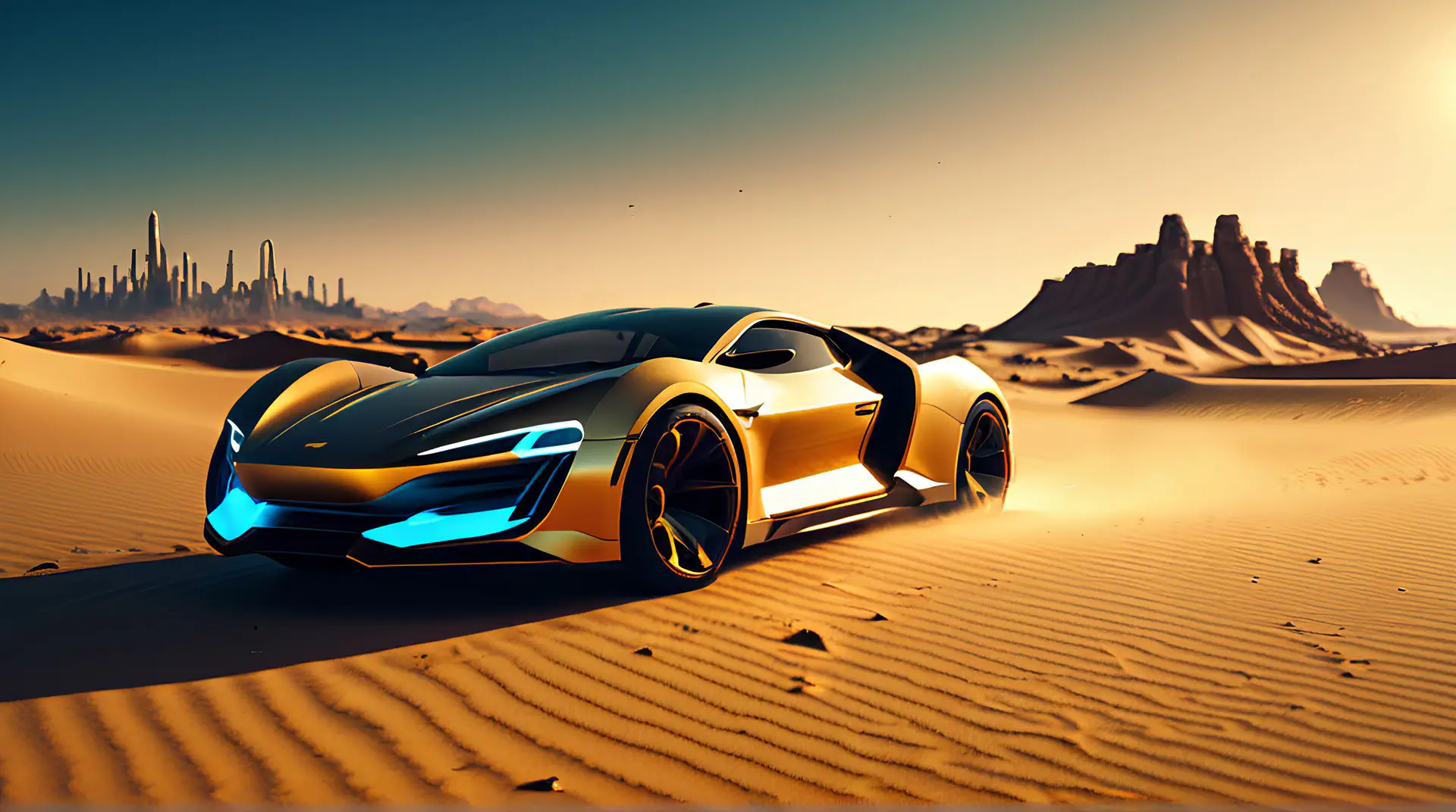 Gouden Hypercar Tussen Woestijnduinen en Futuristische Skyline 4K Wallpaper