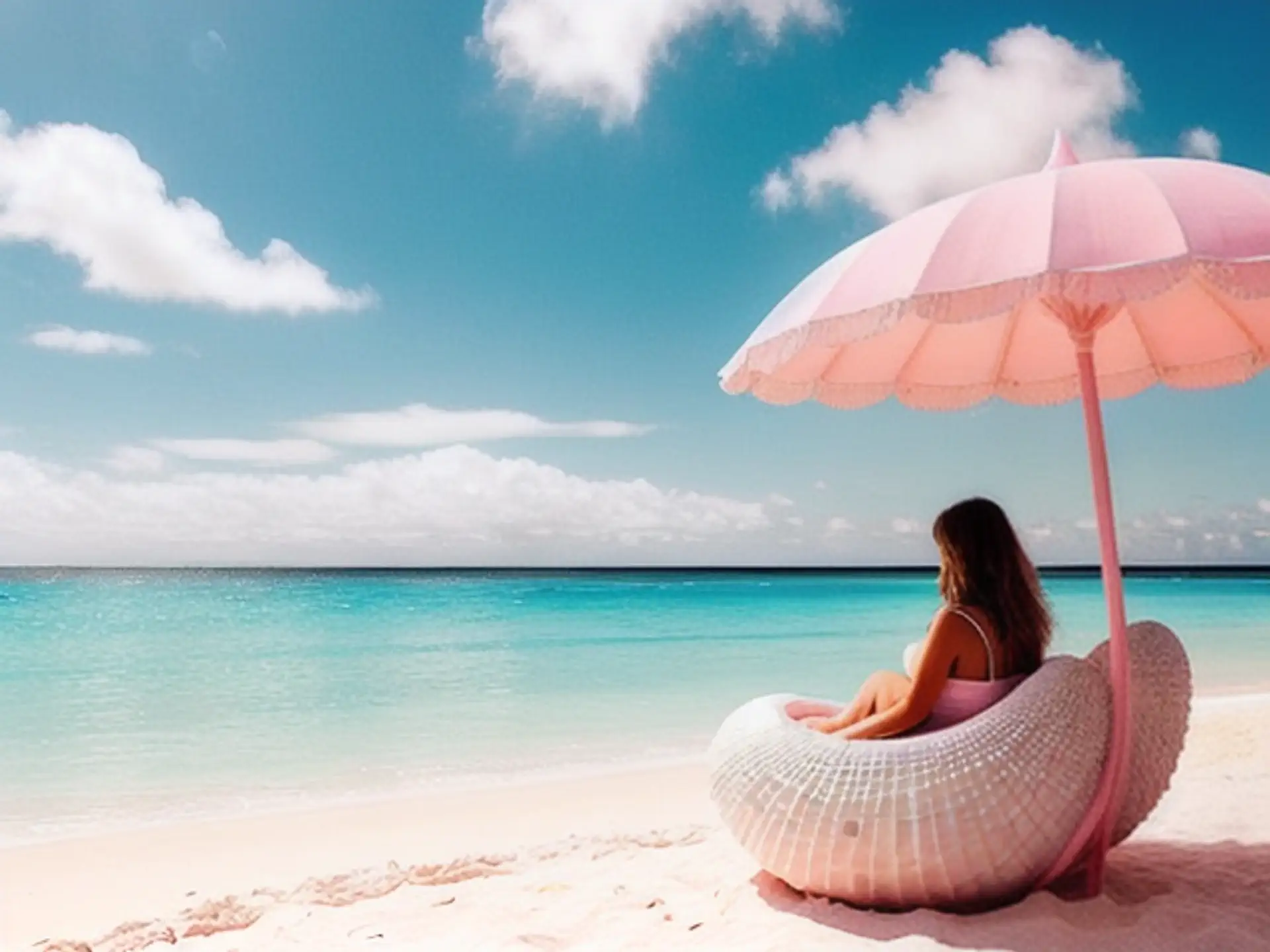 Tropische strandsfeer met roze parasol en design strandstoel