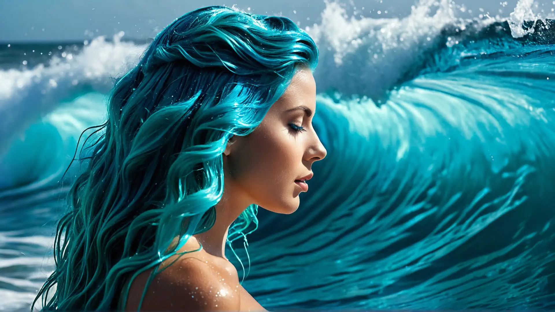 Turquoise zeemeermin fantasie met golvende oceaan op achtergrond