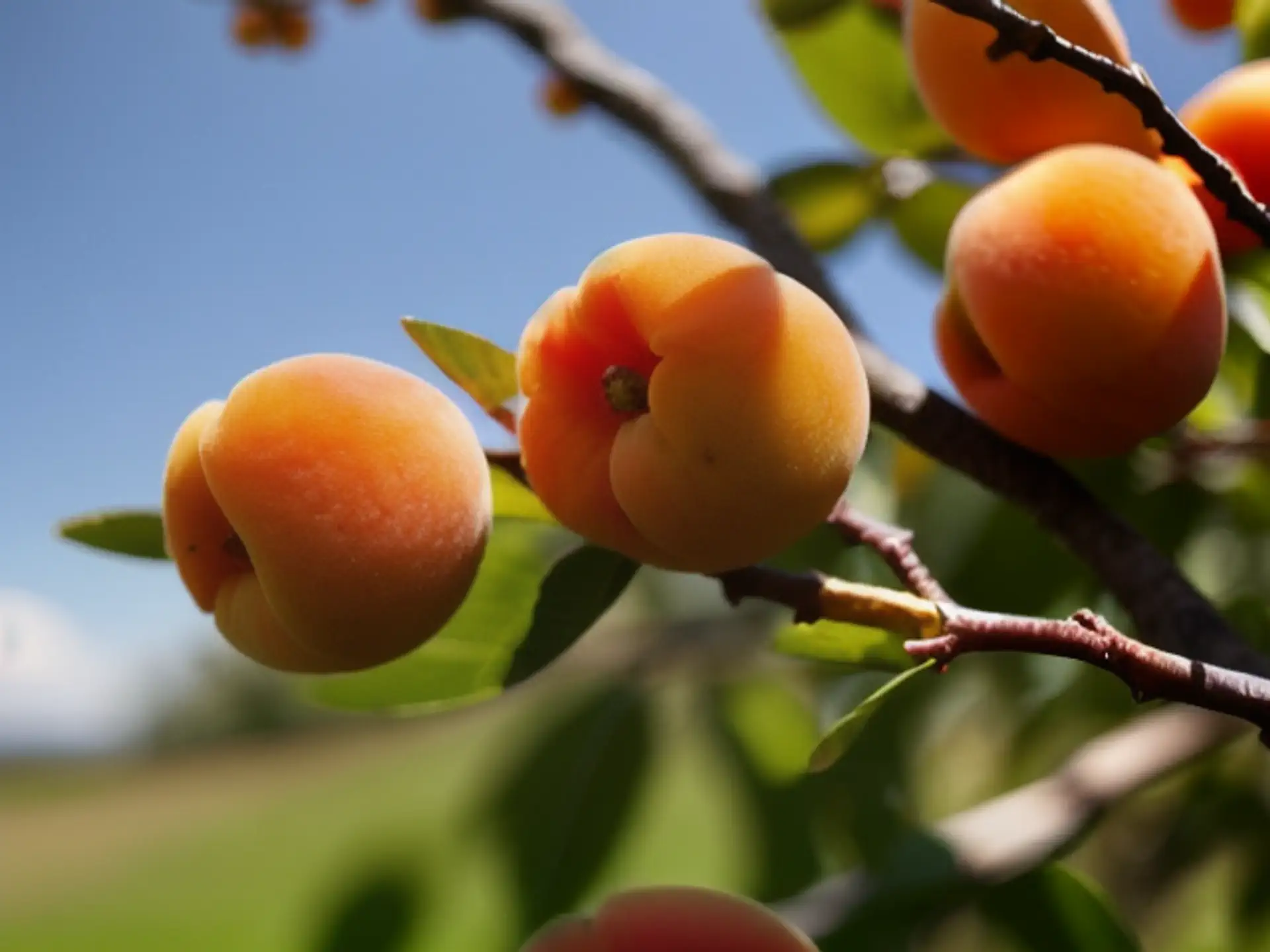 Rijpe abrikozen aan fruitboom tijdens zonnige zomerdag in boomgaard