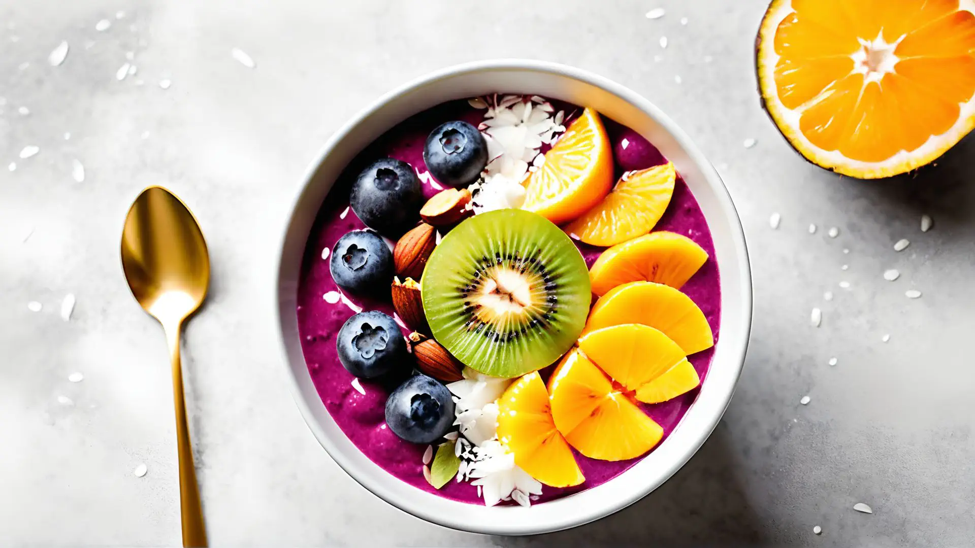 Kleurrijke smoothie bowl met vers fruit en kokos voor gezond ontbijt