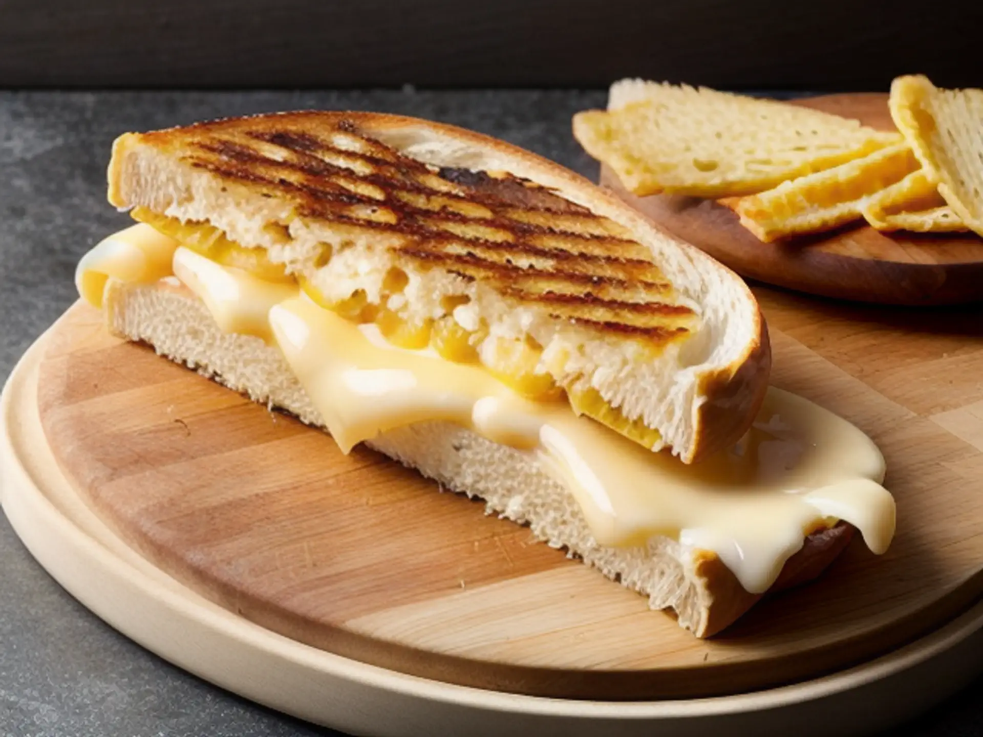 Gegrilde kaastosti met gesmolten jong belegen kaas op houten plank