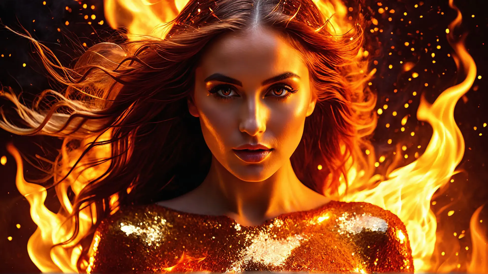 Artistiek vuurportret met gouden glitters en vlammen compositie