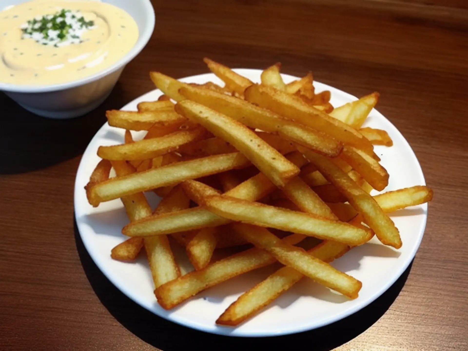 Knapperige friet met romige mayonaise saus op witte serveerschaal