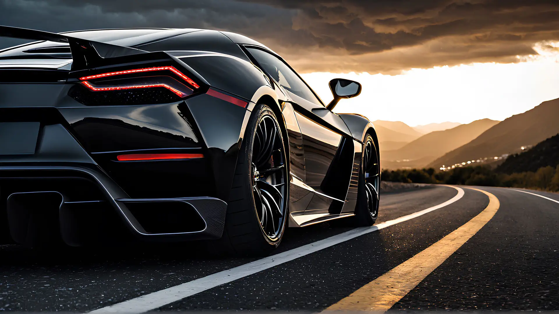 Zwarte Supercar met Rode LED-Achterlichten op Kronkelende Bergweg bij Zonsondergang