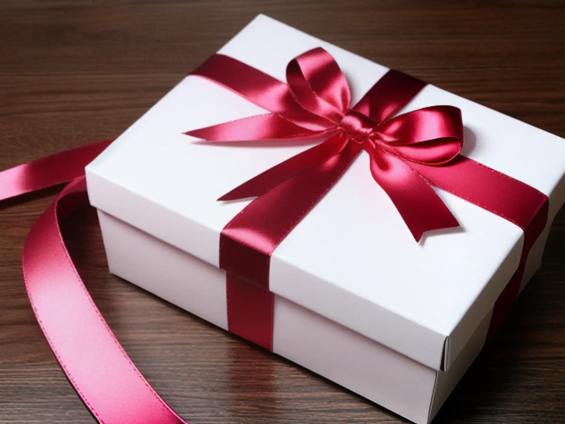 Elegant wit geschenk met stralend rood satijnen lint op houten tafel