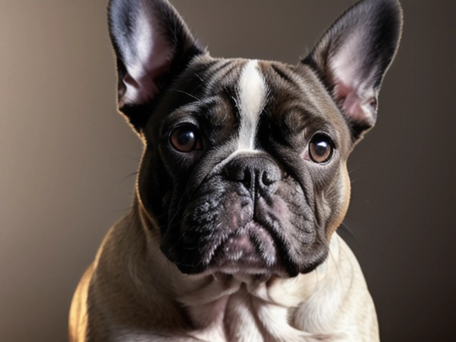 Portret Franse Bulldog met expressieve ogen tegen donkere achtergrond