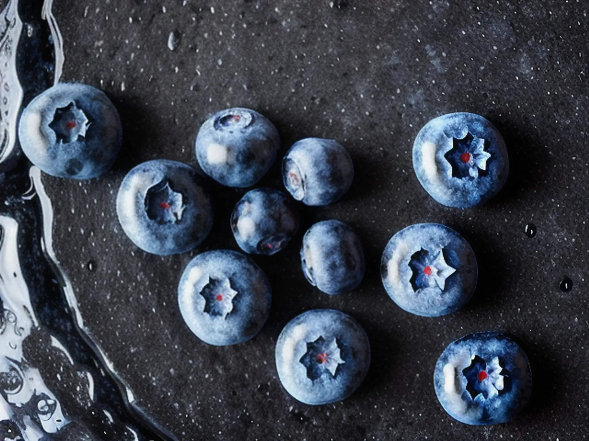 Verse blauwe bosbessen met dauwdruppels op donkere ondergrond